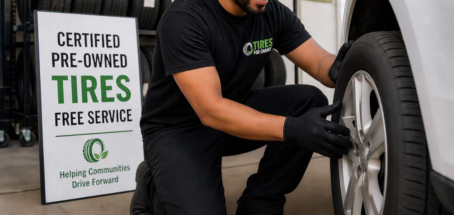 A man in black gloves changing a tire on a car in an auto shop. A sign in the background advertises certified pre-owned tires with free service, helping communities drive forward.
