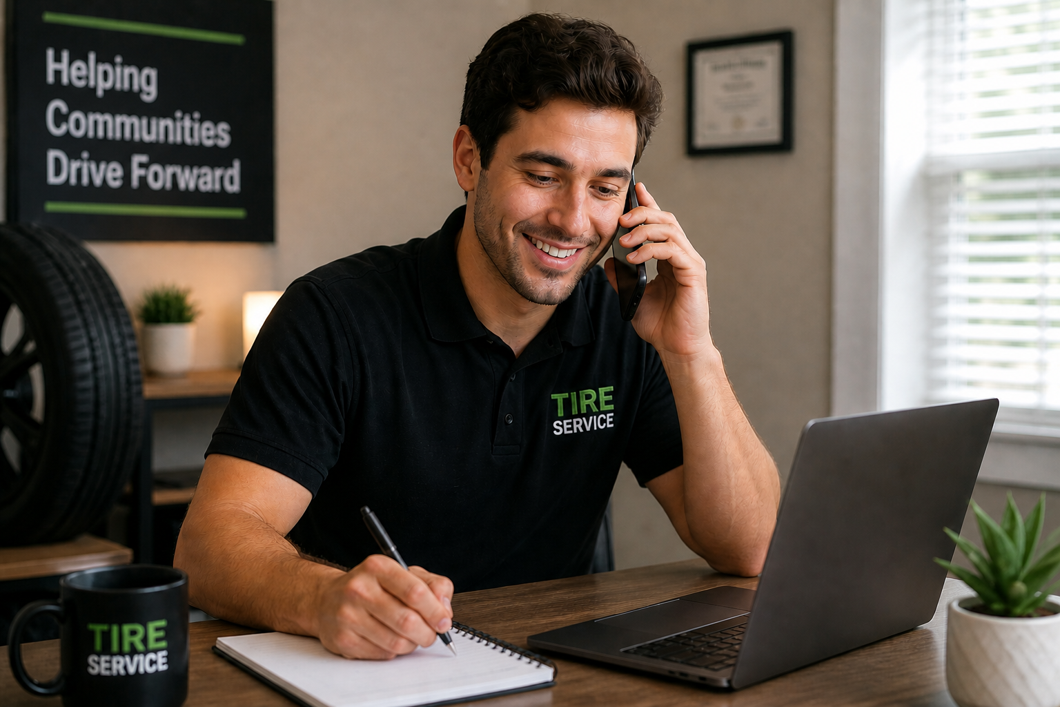 A man in a black shirt with 'TIRE SERVICE' logo on it, sitting at a wooden desk, talking on the phone, writing in a notebook, with a laptop in front of him. A sign behind him says, 'Helping Communities Drive Forward.'
