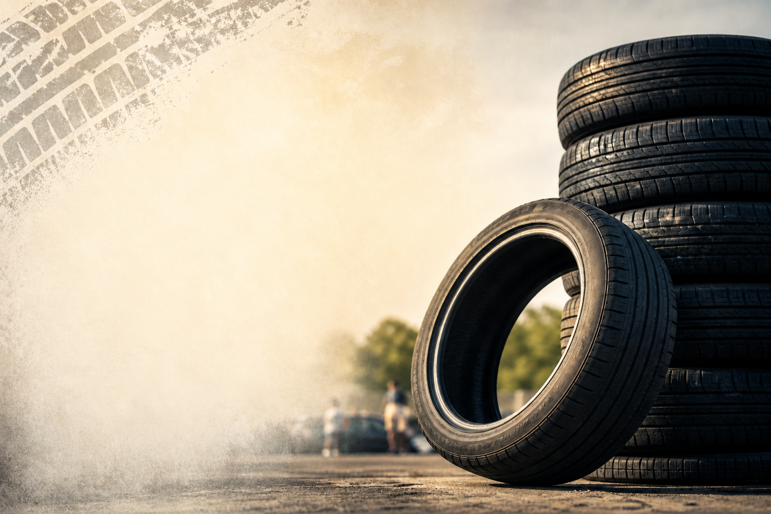 Stack of black tires, with one tire leaning against the stack, outdoors on pavement with blurred people and vehicles in the background.