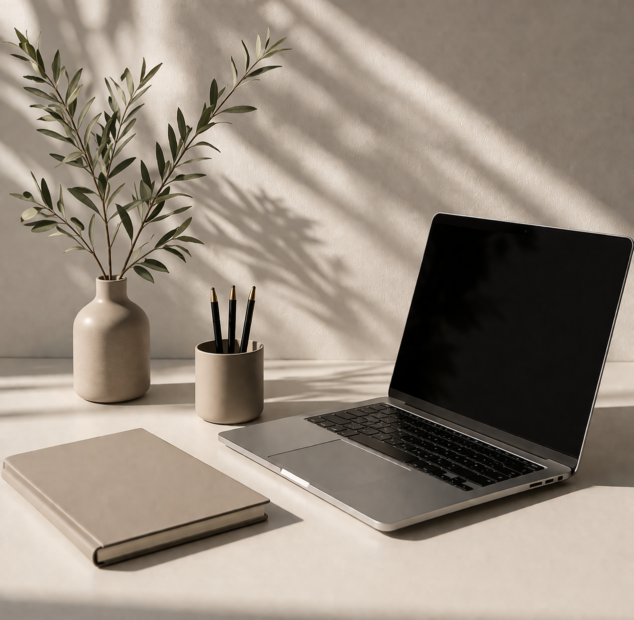 Minimalist workspace with a notebook, laptop, a two-tone vase with green leafy branches, a pen holder with three black pens, all on a light-colored desk with soft natural light and shadows.