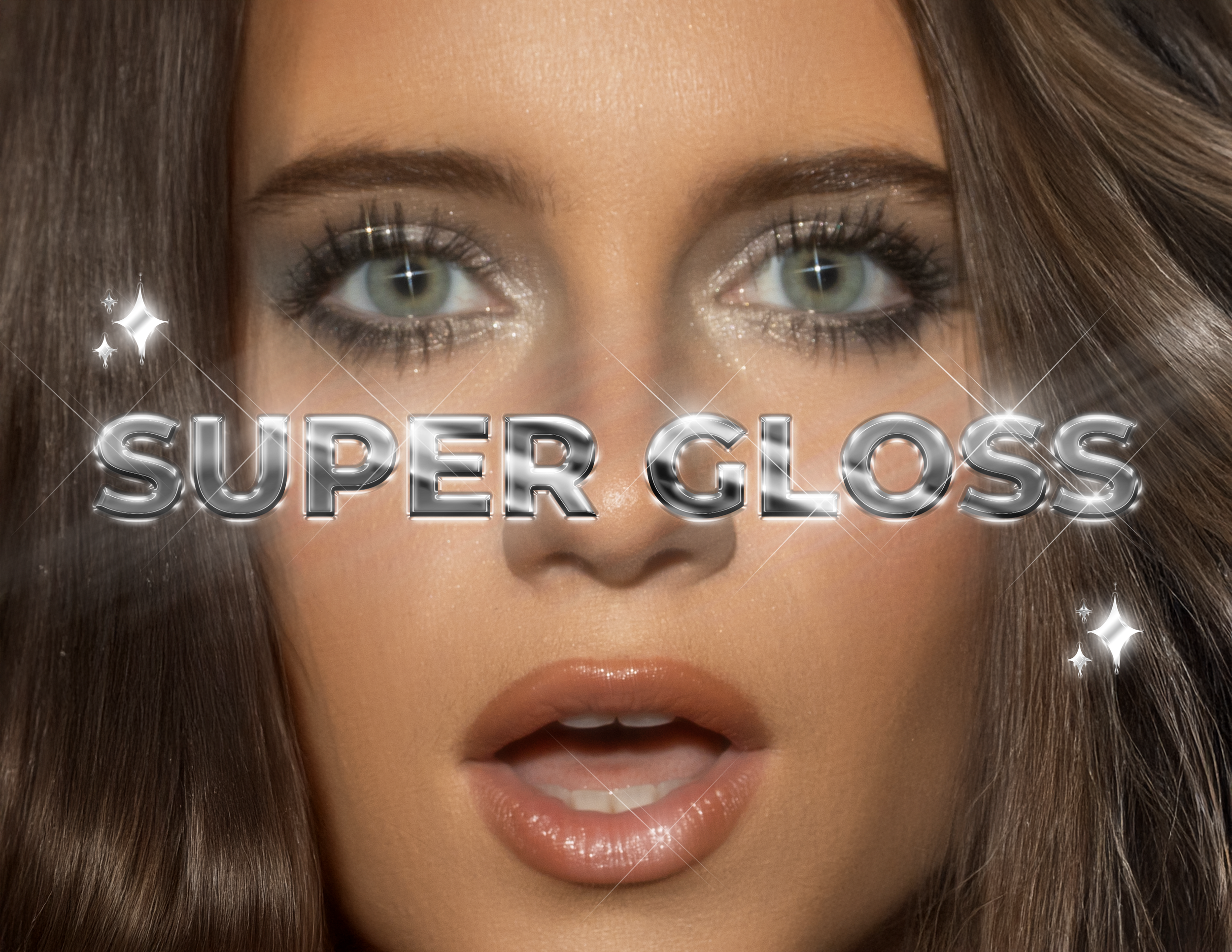 Close-up of a woman's face with brown hair, green eyes, and makeup, with shiny stars and text 'SUPER GLOSS' overlayed.