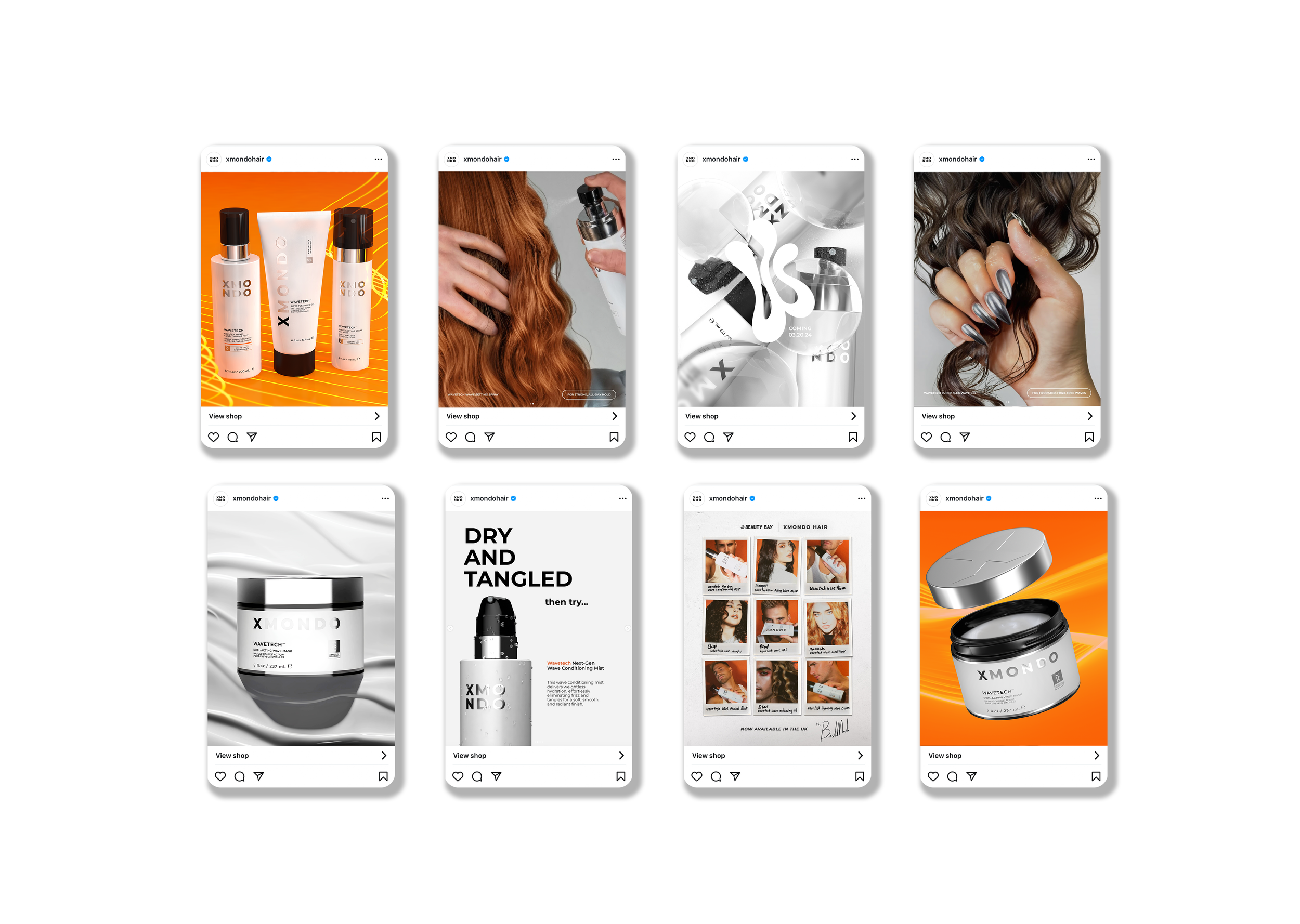 A series of social media posts showing hair products, a woman applying hair spray, hair extensions, and curly hair, promoting a hair care brand.