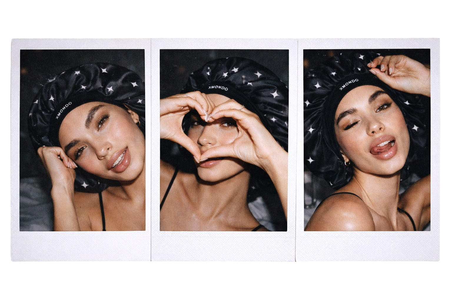 A woman wearing a star-patterned black satin bonnet, photographed in three playful poses. In the first, she smiles softly with her hand resting on her face; in the second, she makes a heart shape with her hands over her eye; in the third, she winks with her tongue out and her hand behind her head.