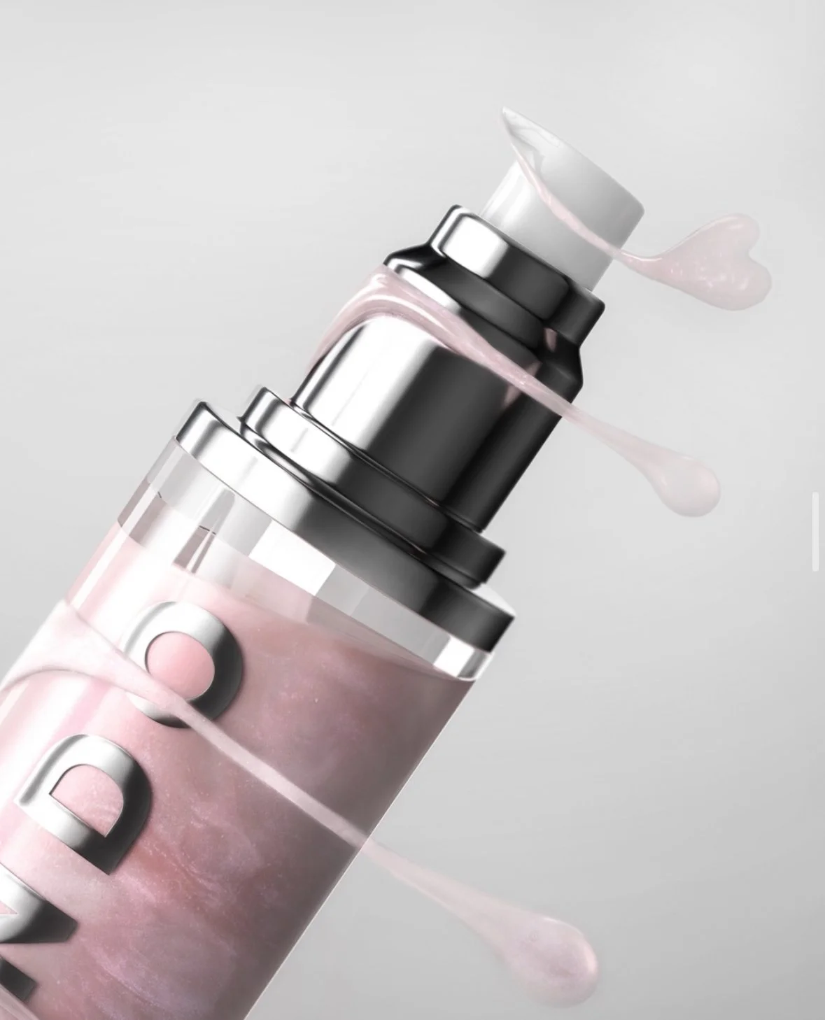 Close-up of a pink and black cosmetic spray bottle with pink liquid splashing out.