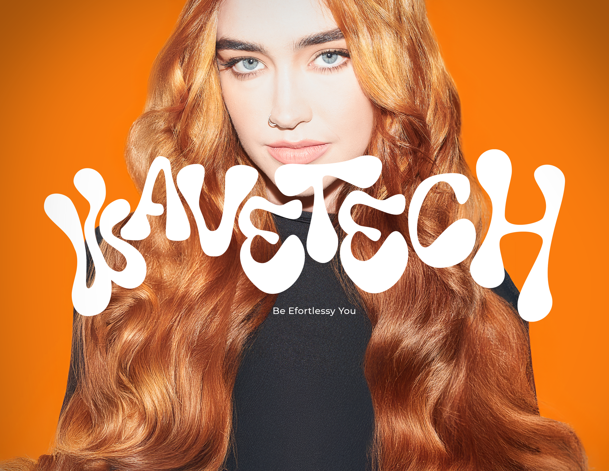 Close-up of a woman with long, wavy red hair, blue eyes, and a nose ring against an orange background with white abstract designs.
