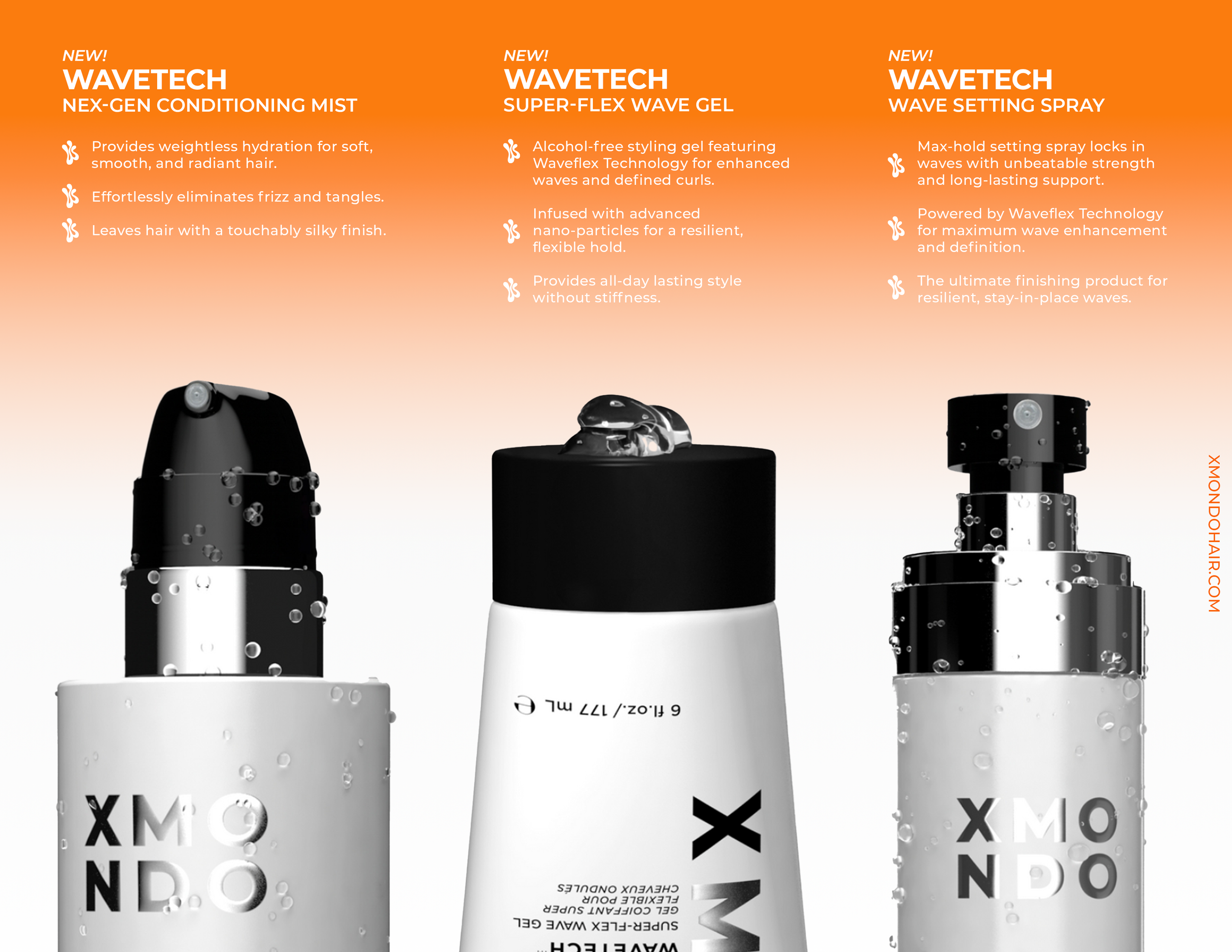 Close-up of three hair styling products displayed on a white surface against an orange background. The products have black and white packaging, with the text 'XMO' and descriptions of their features.