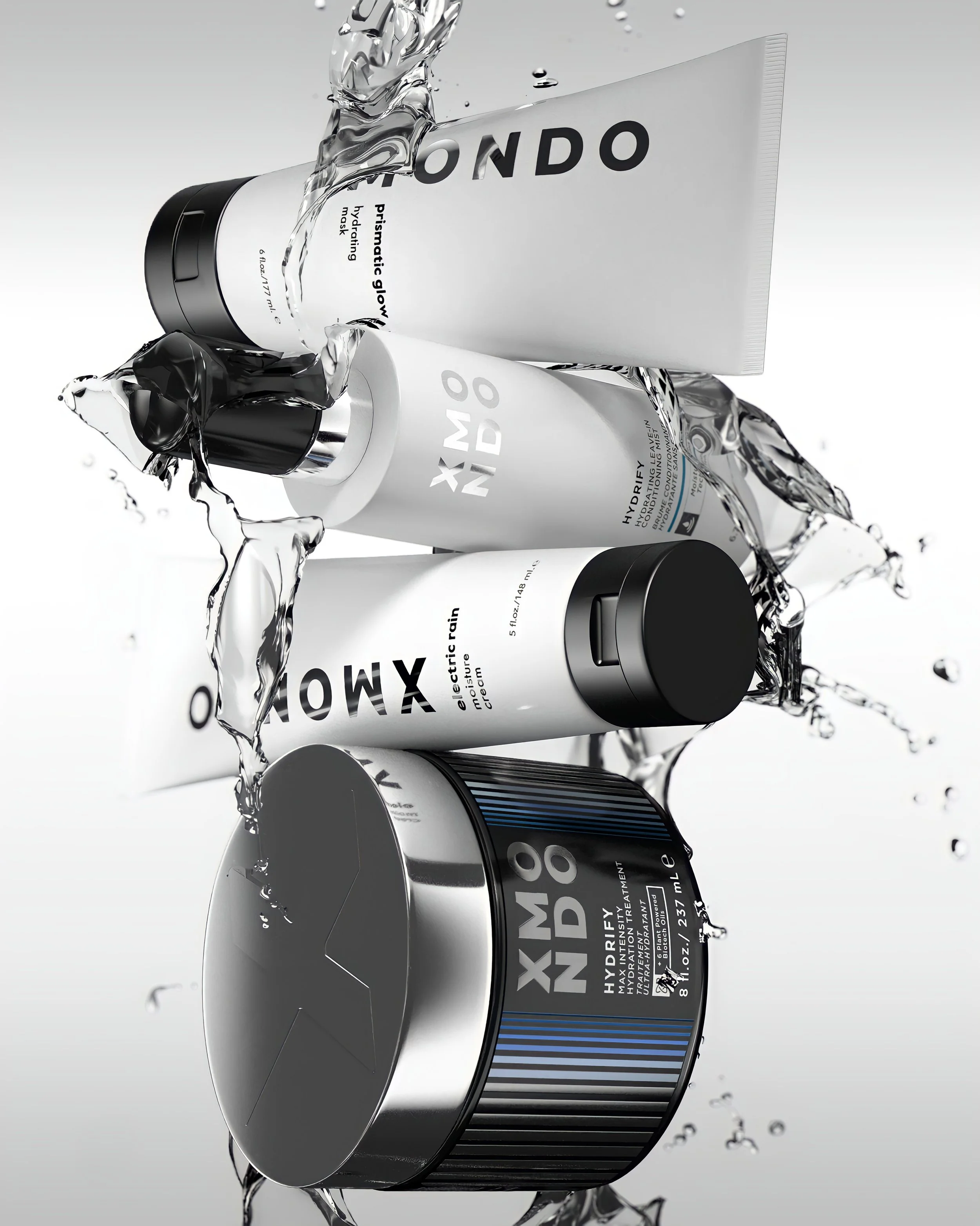 Three skincare products with black and white packaging, splashed with water, against a gray background.