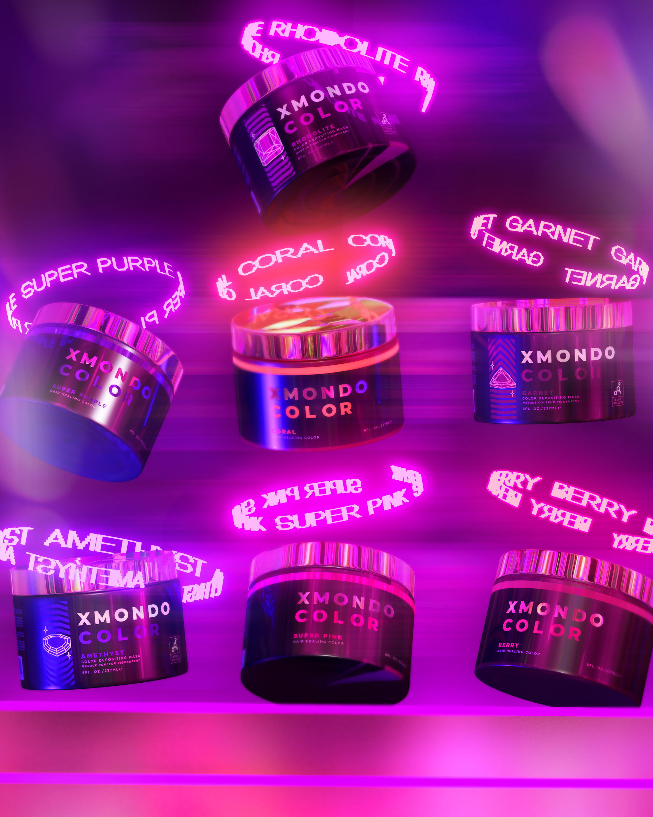 Futuristic digital display of XMONDO COLOR hair masks with bright pink, purple, and blue elements, featuring glowing text and containers in a neon aesthetic.
