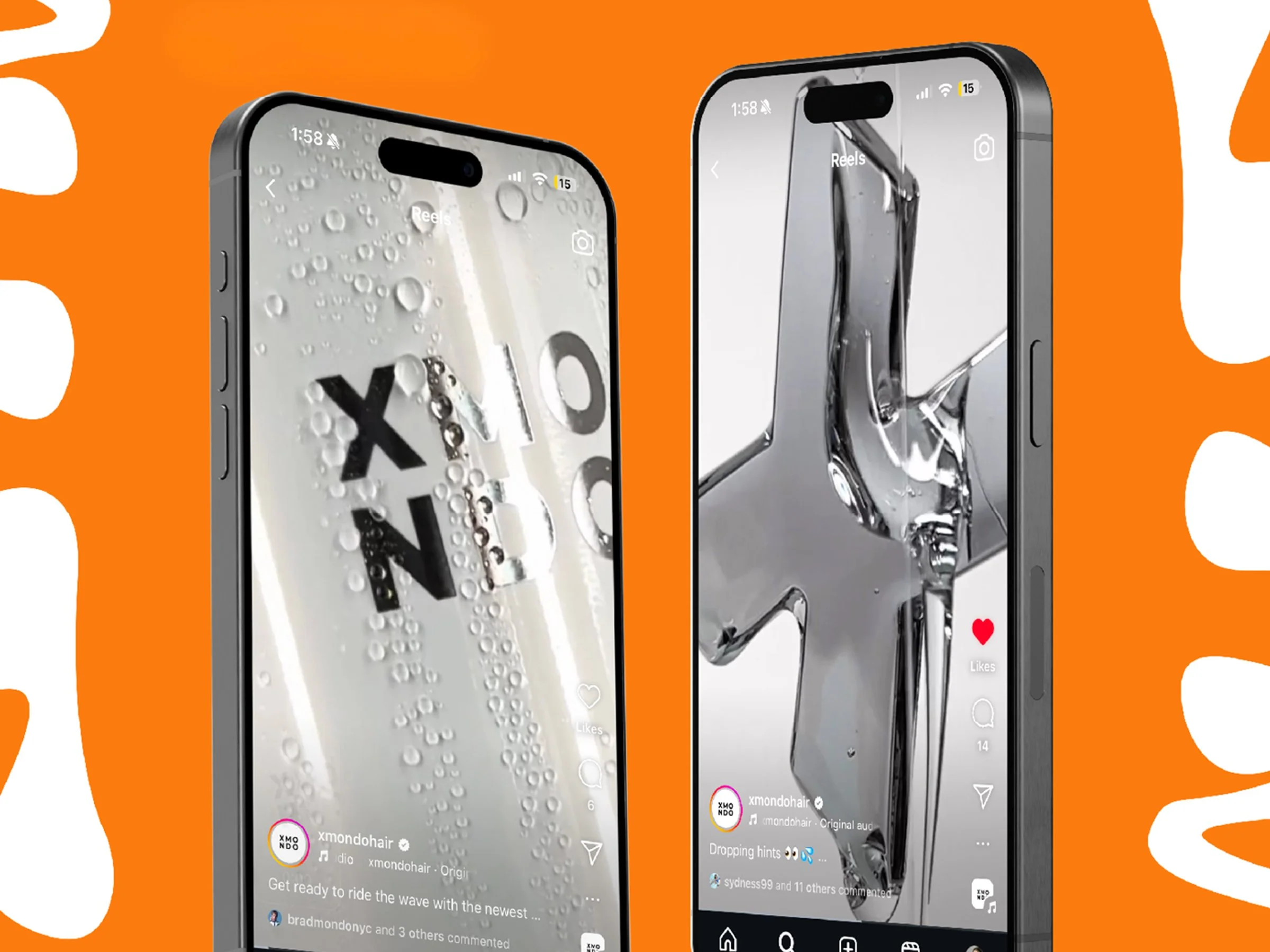 Two smartphones with water droplets on their screens, displaying social media content against an orange background with white abstract shapes.