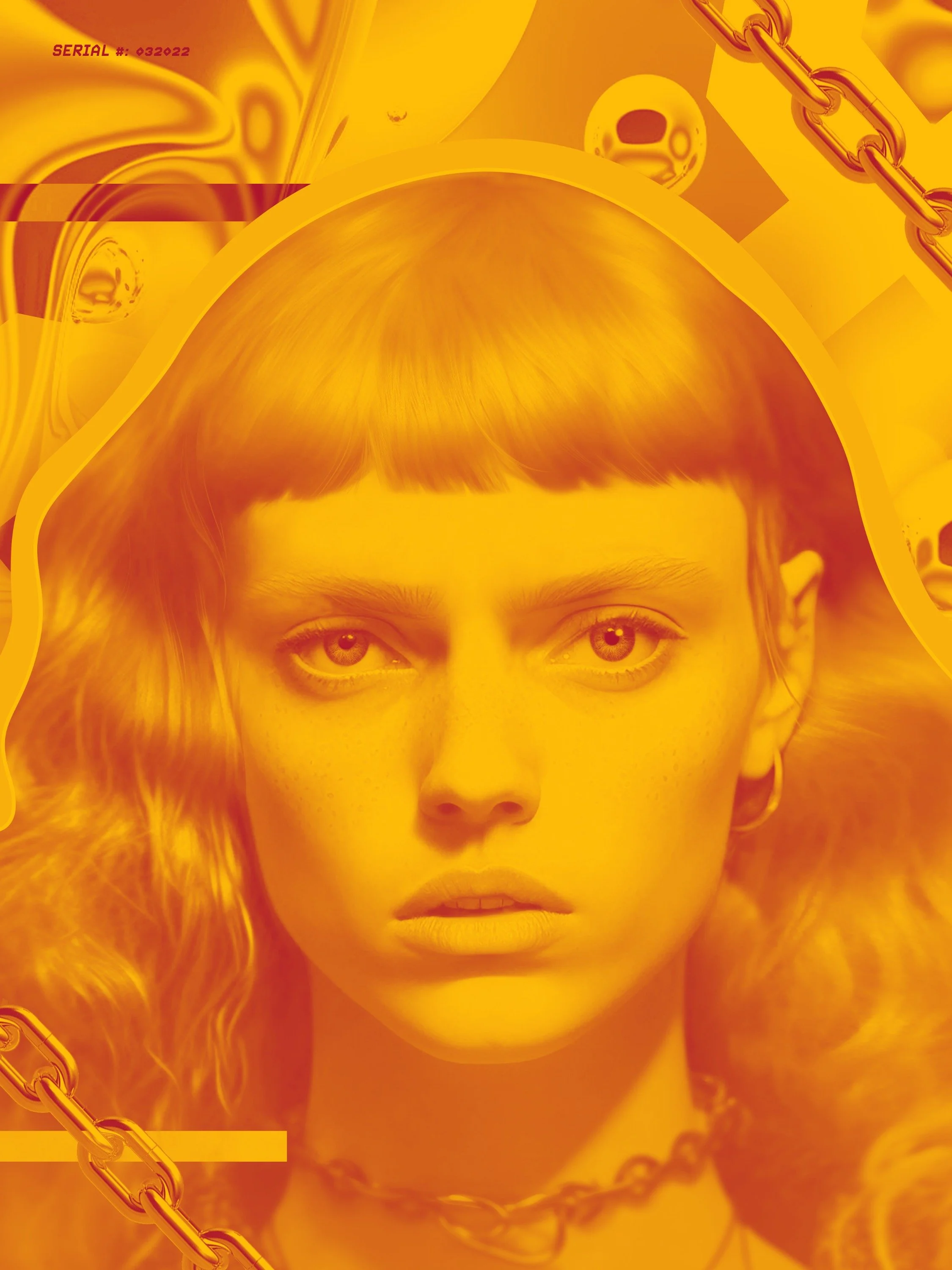 Close-up of a woman's face with short blonde hair, with chains and metallic objects in the background, all in shades of yellow and orange.