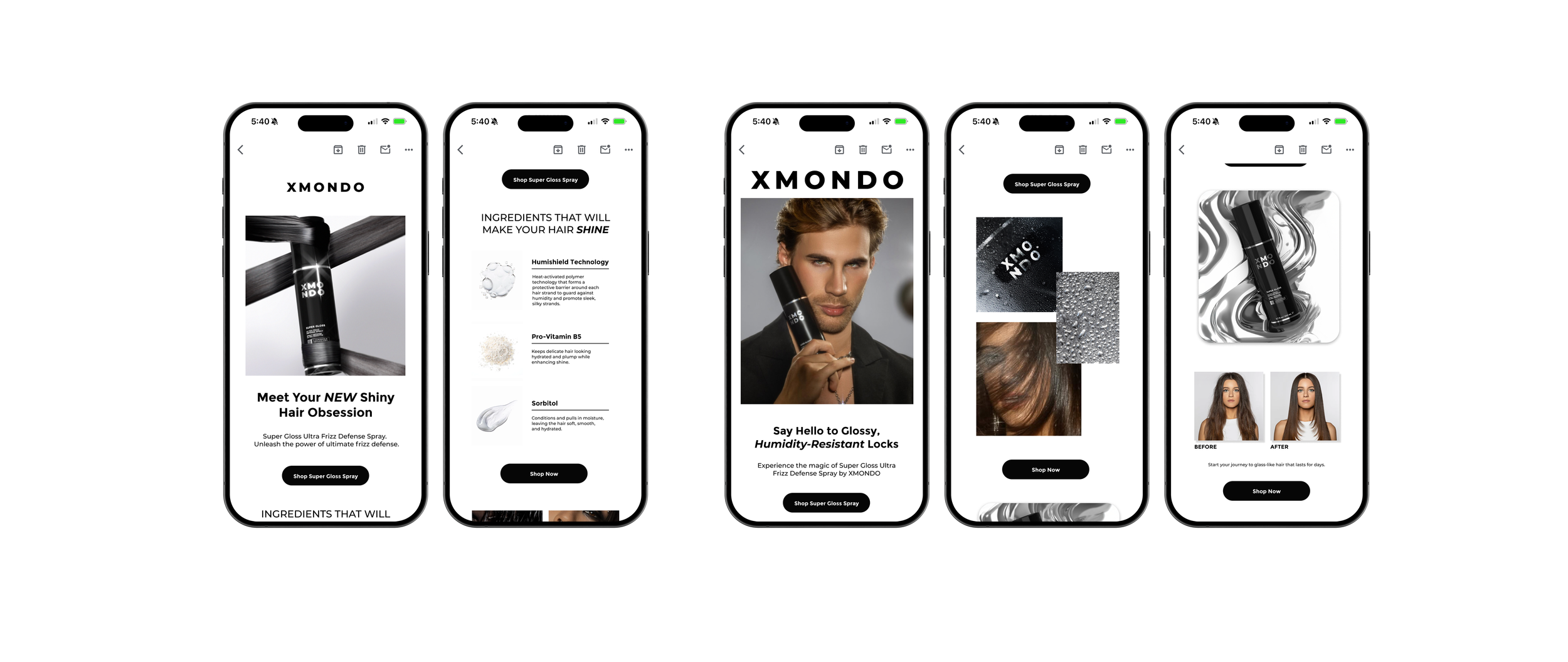 Five smartphone screens displaying a hair care product website called XMONDO, showing images of the product, ingredients, models with before and after hair treatments, and shopping buttons.