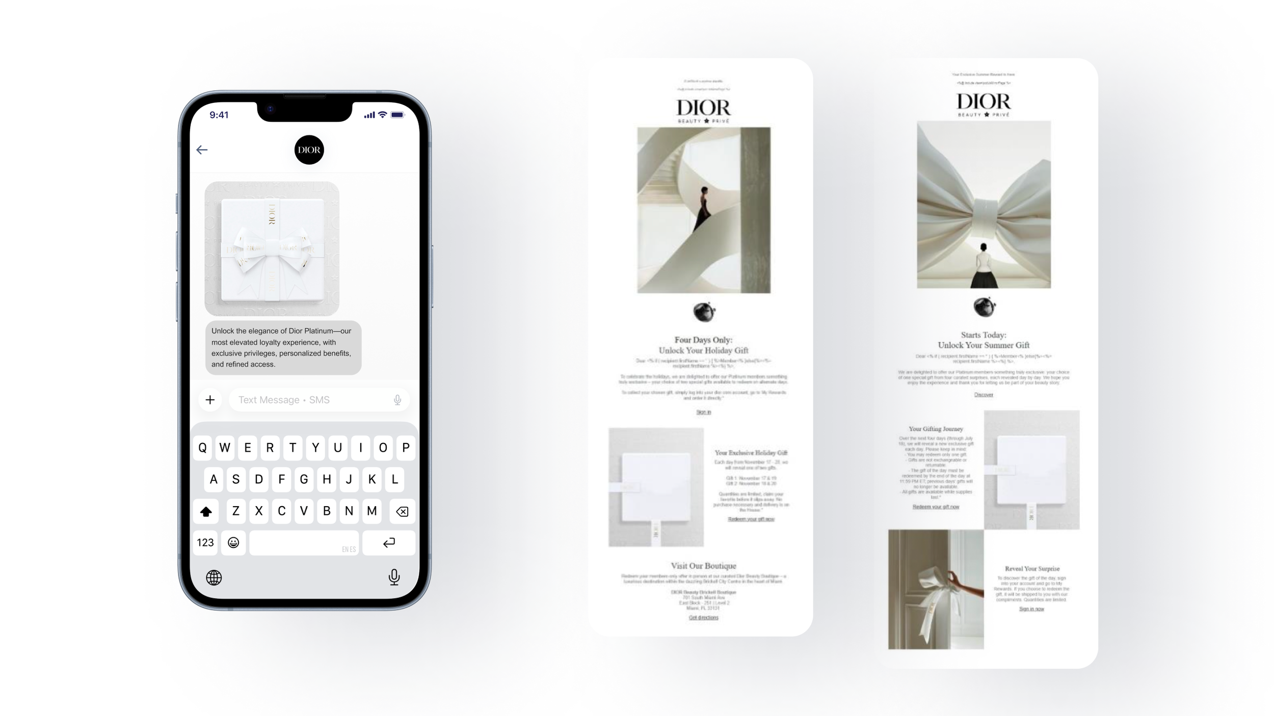 Smartphone displaying a message about unlocking the elegance of Dior Platinum with an image of a white gift box with a bow. Behind the phone are Dior promotional flyers for a summer gift event featuring minimalist architectural photos and text.