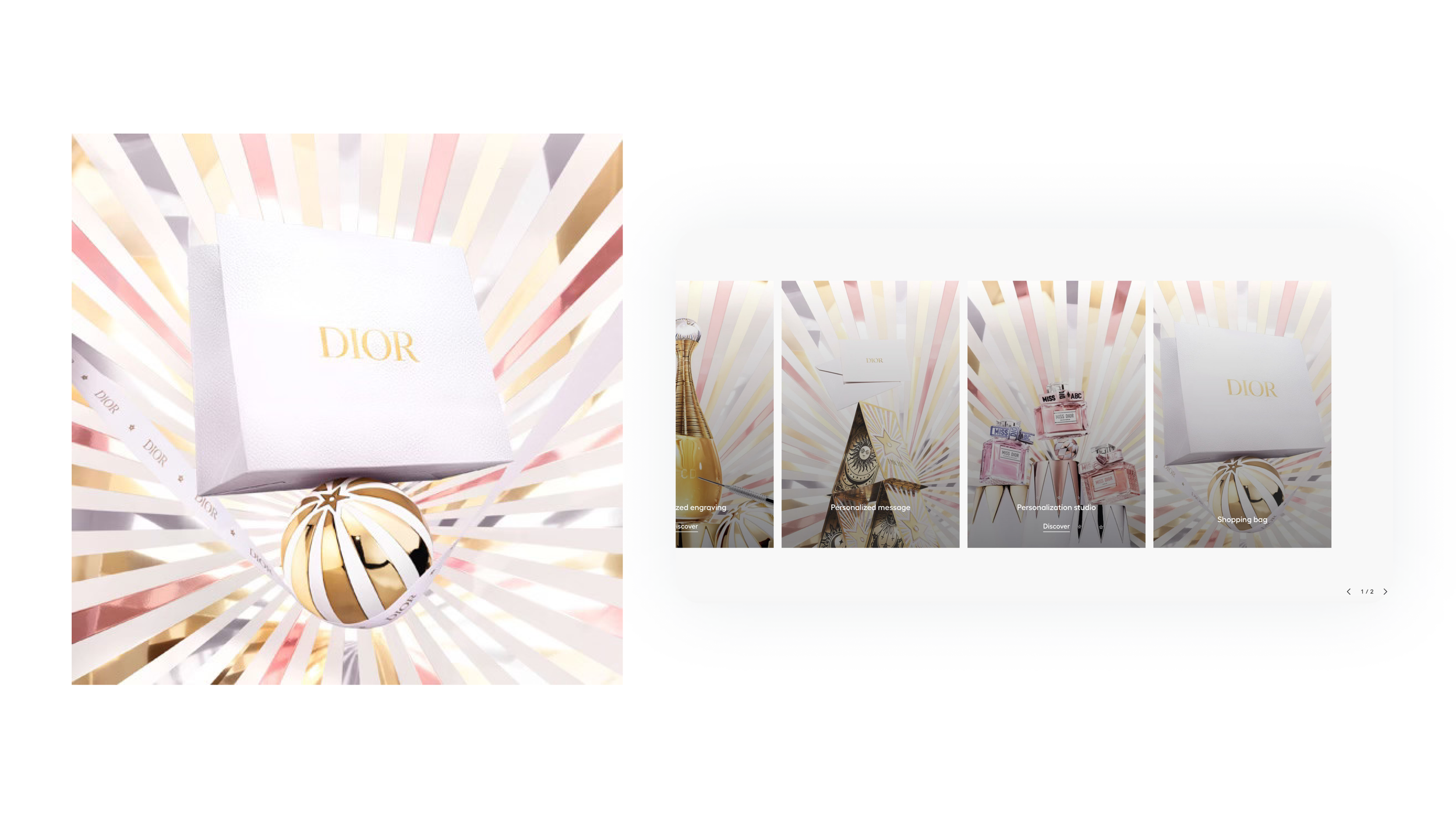Set of Dior gift boxes, perfume bottles, and shopping bag on colorful striped background.