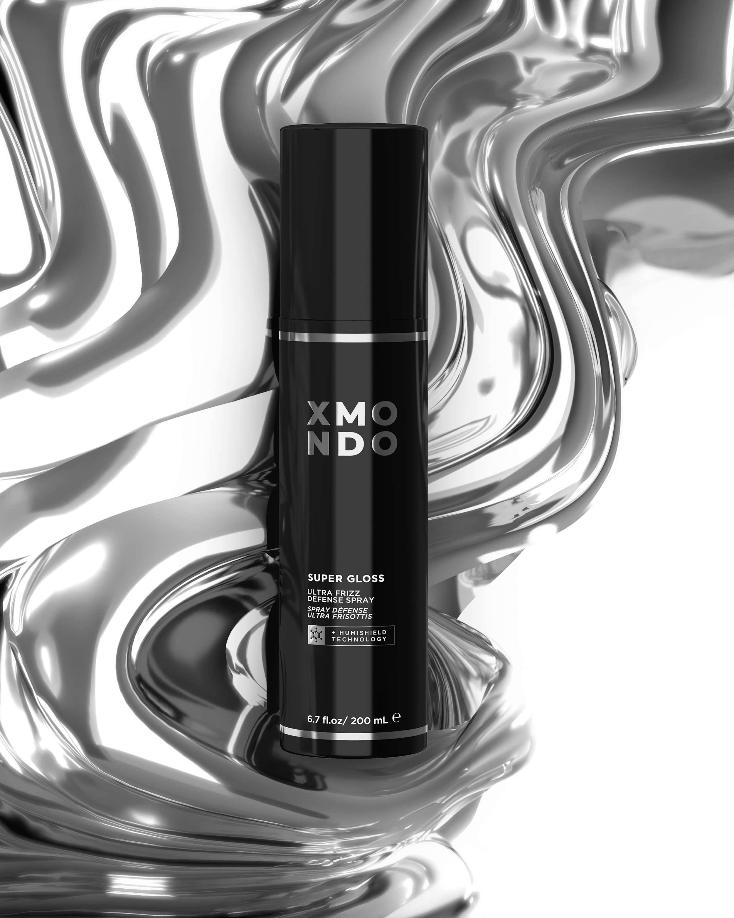 A black spray can labeled 'XMONDO SUPER GLOSS Ultra Frizz Defense Spray' standing upright in the center, surrounded by swirling, shiny, metallic-like abstract shapes in silver and black.