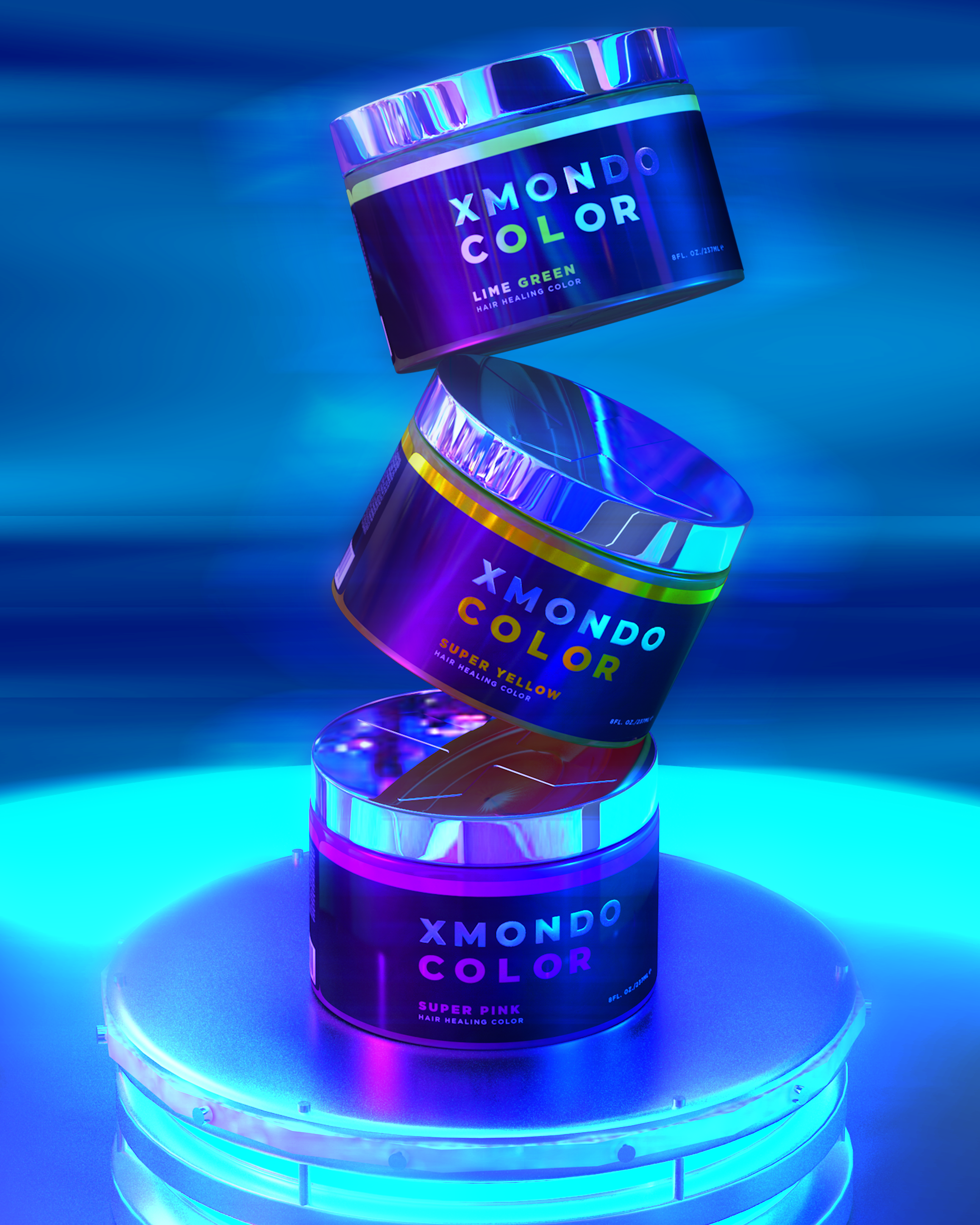 Multiple containers of XMONDO COLOR hair healing color products on a reflective surface, illuminated by vibrant blue and purple lighting.