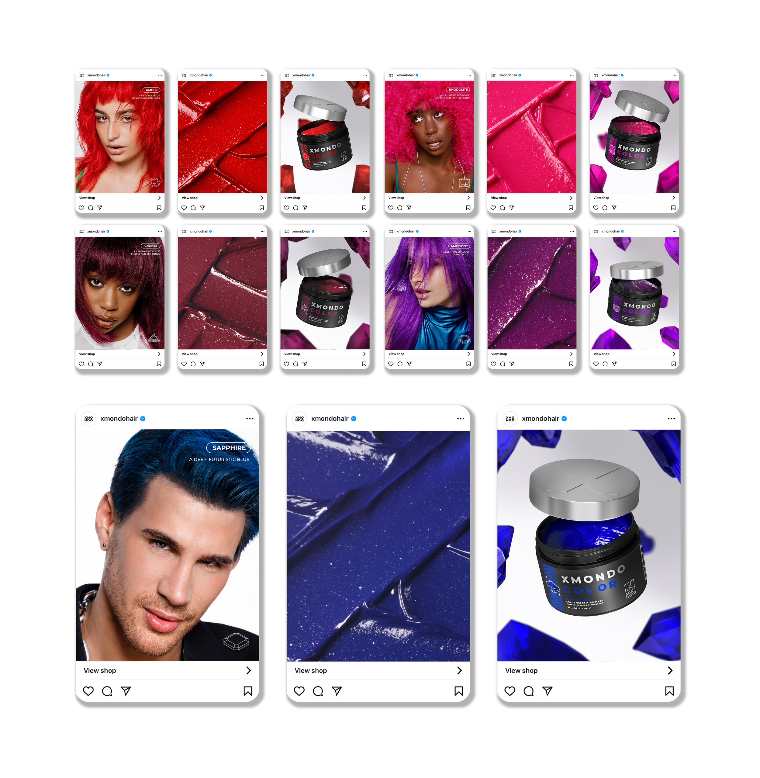 Collage of hair color advertisements featuring models with vibrant hair colors, hair dye products, and color swatches, promoting various hair shades.