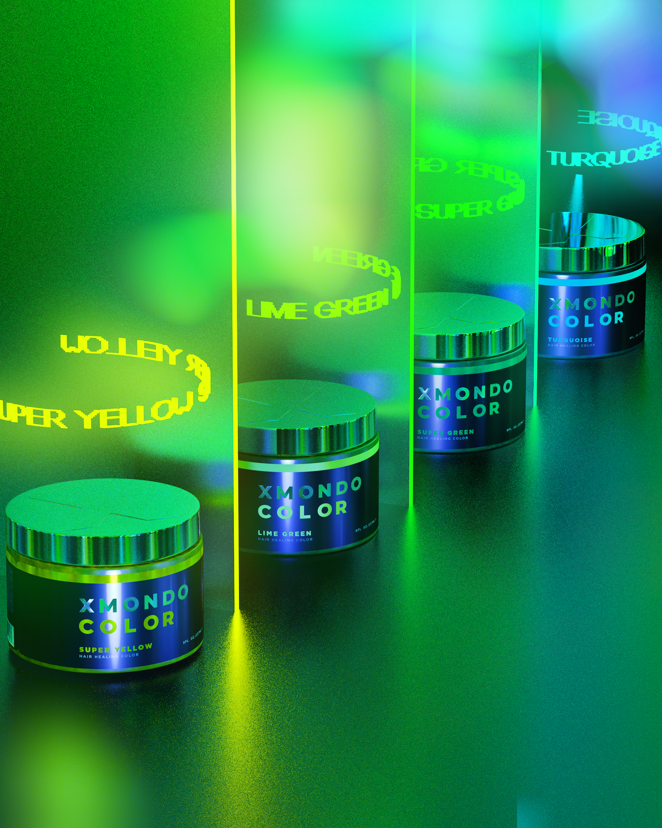 Multiple cans of XMONDO Color hair color in various shades of green, blue, and yellow, arranged on a reflective surface with a background featuring neon green and blue lighting effects.