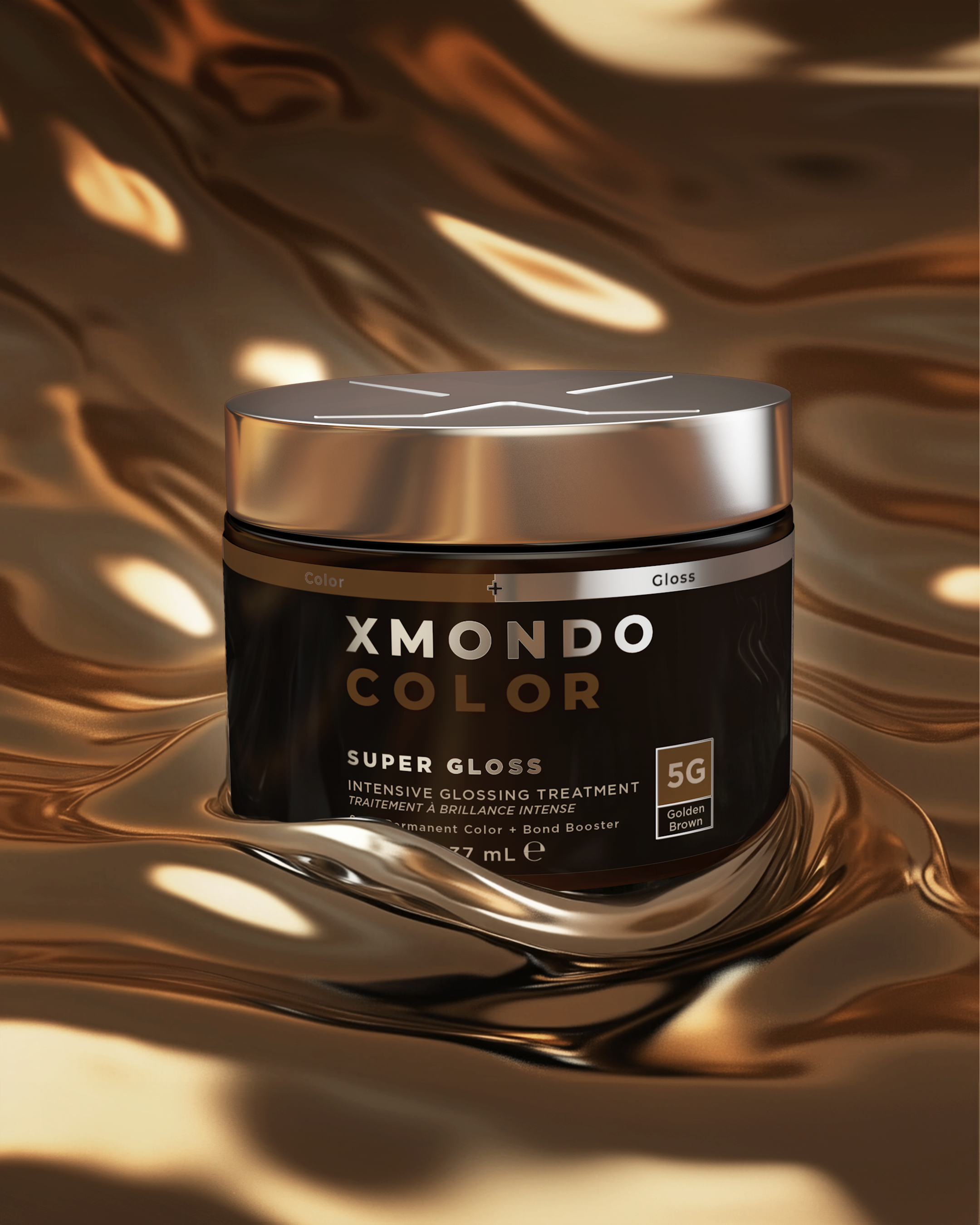 A jar of XMondo Super Gloss intensive glossing treatment with a metallic silver cap, set against a gold and bronze swirl background.