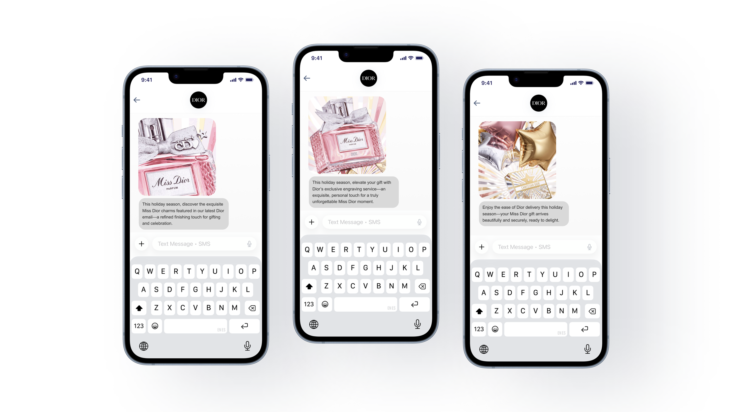 Three smartphones displaying Dior perfume advertisements with accompanying text messages about holiday gift delivery and Dior's exclusive engraving service.