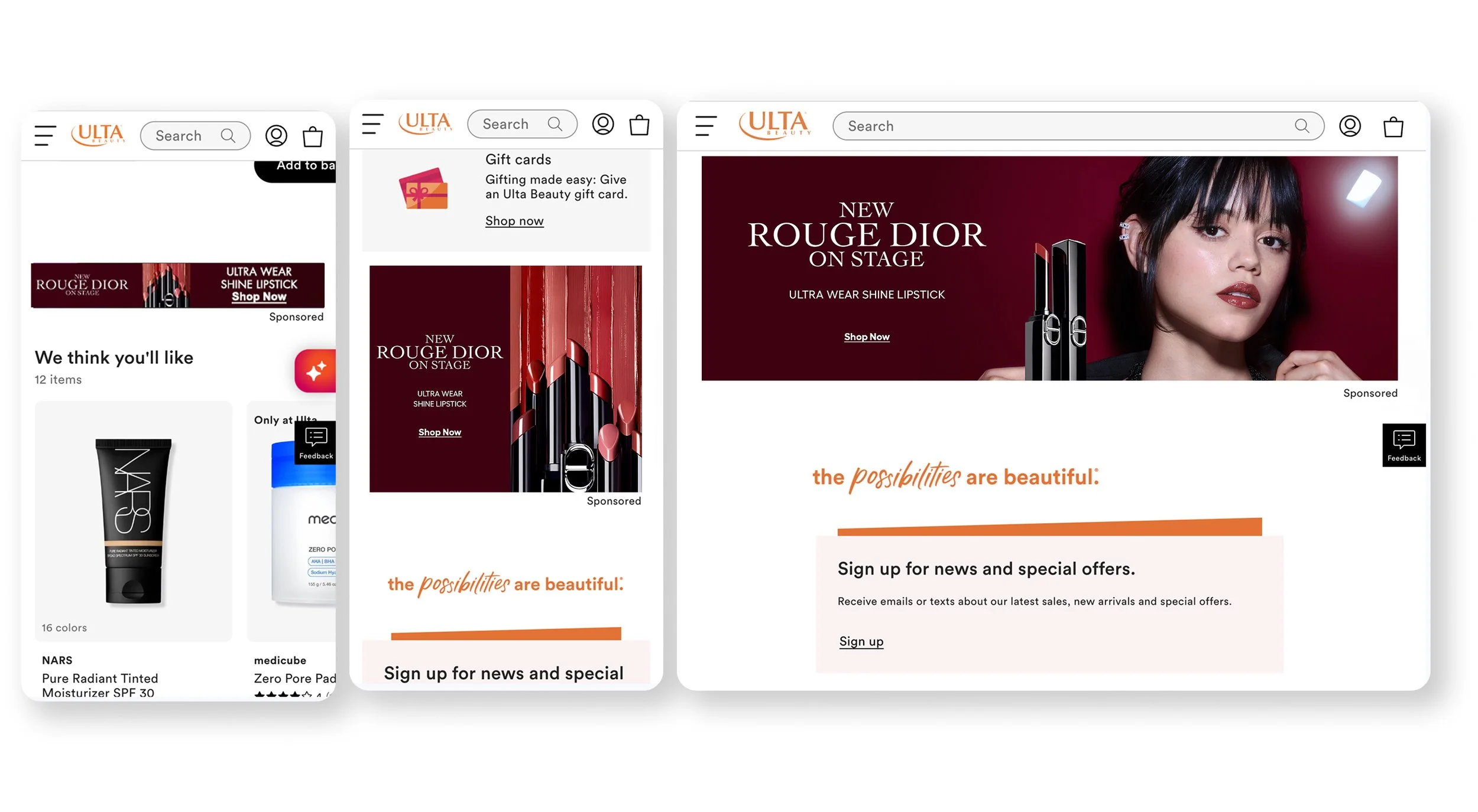 Screenshots of an Ulta Beauty website homepage promoting new Rouge Dior makeup products, with advertisements for lipstick and promotional banners.