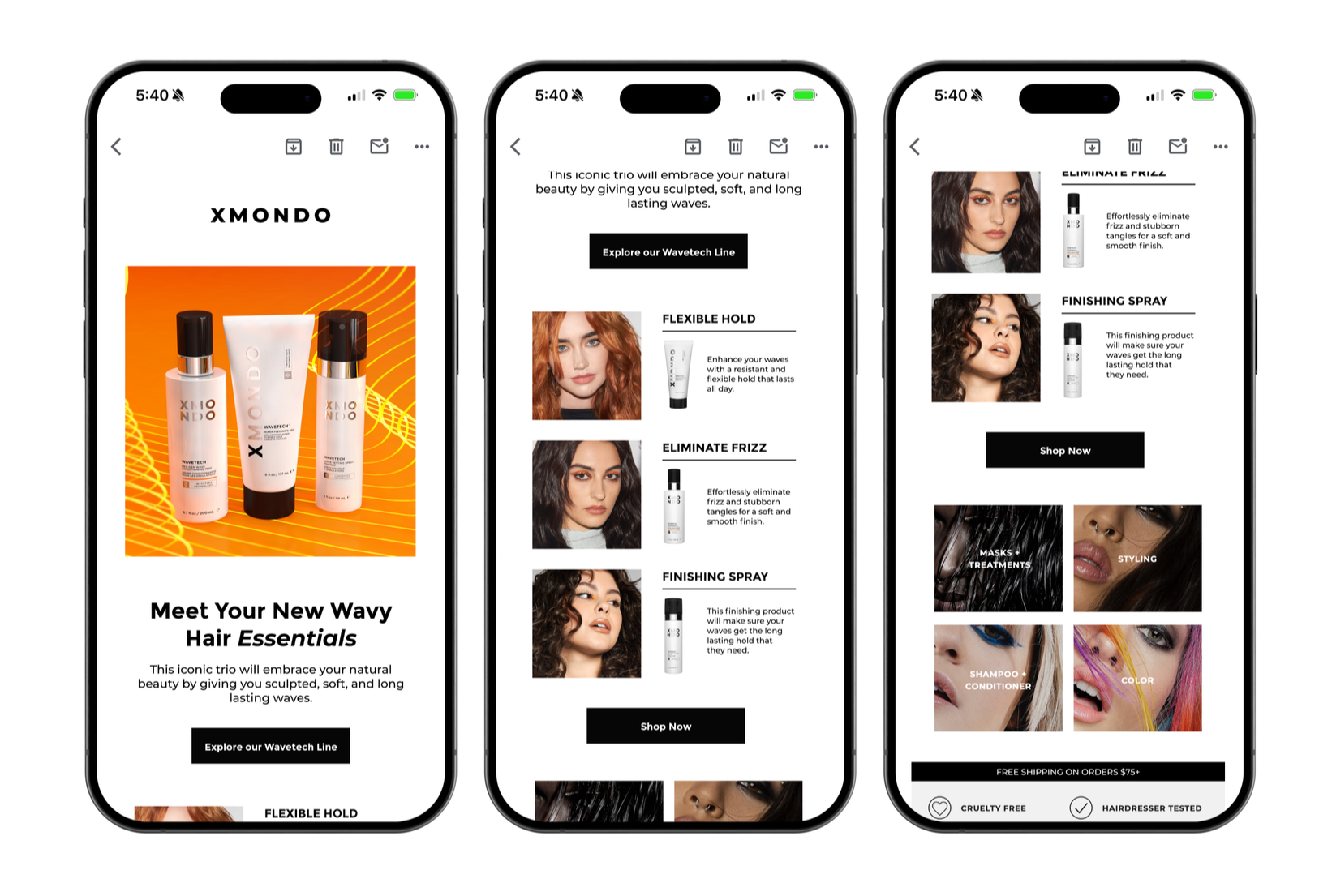 Three smartphone screens displaying a hair care product website, featuring hair styling products, images of women with styled hair, and options to explore or shop for hair products.