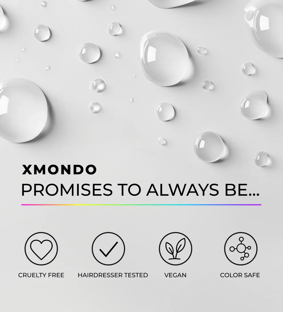 Product packaging with water droplets, featuring the brand name 'XMONDO' and the phrase 'Promises to always be...' with icons indicating cruelty-free, hairdresser tested, vegan, and color safe.