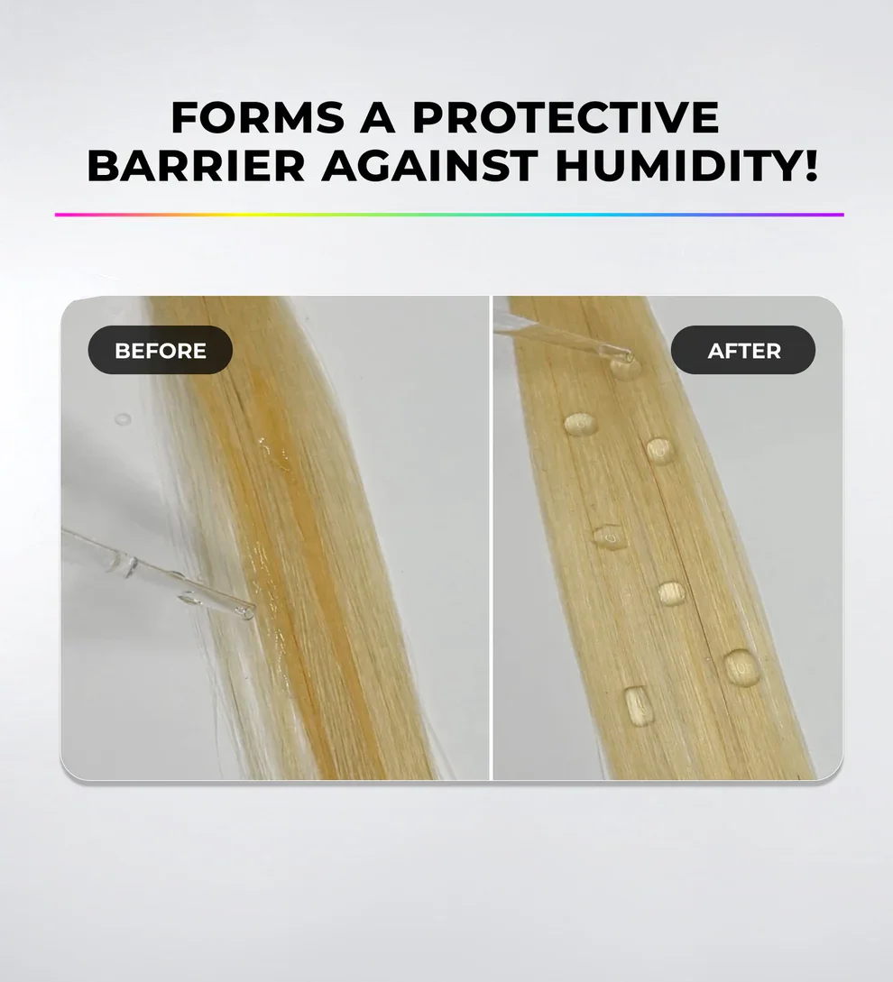 Comparison of bamboo surface before and after applying a protective barrier against humidity, with water droplets visible on the after image.