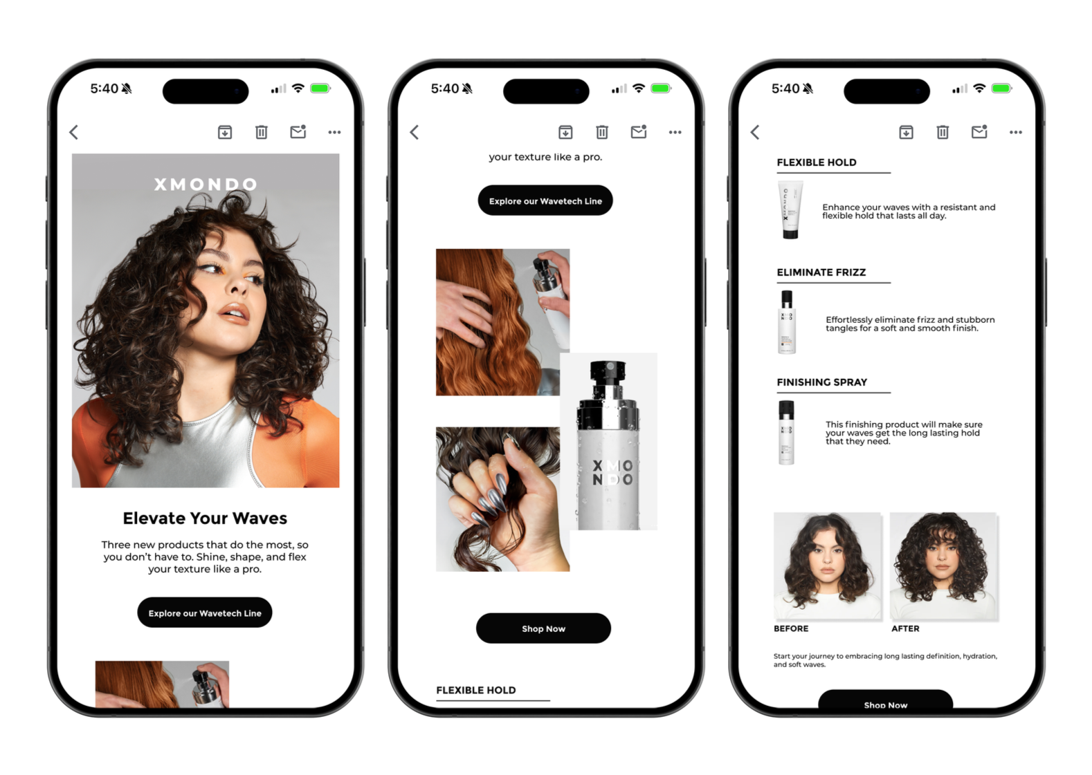 Three smartphone screens displaying a hair care product advertisement, including images of women with styled hair, product visuals, and descriptions of hair styling products.