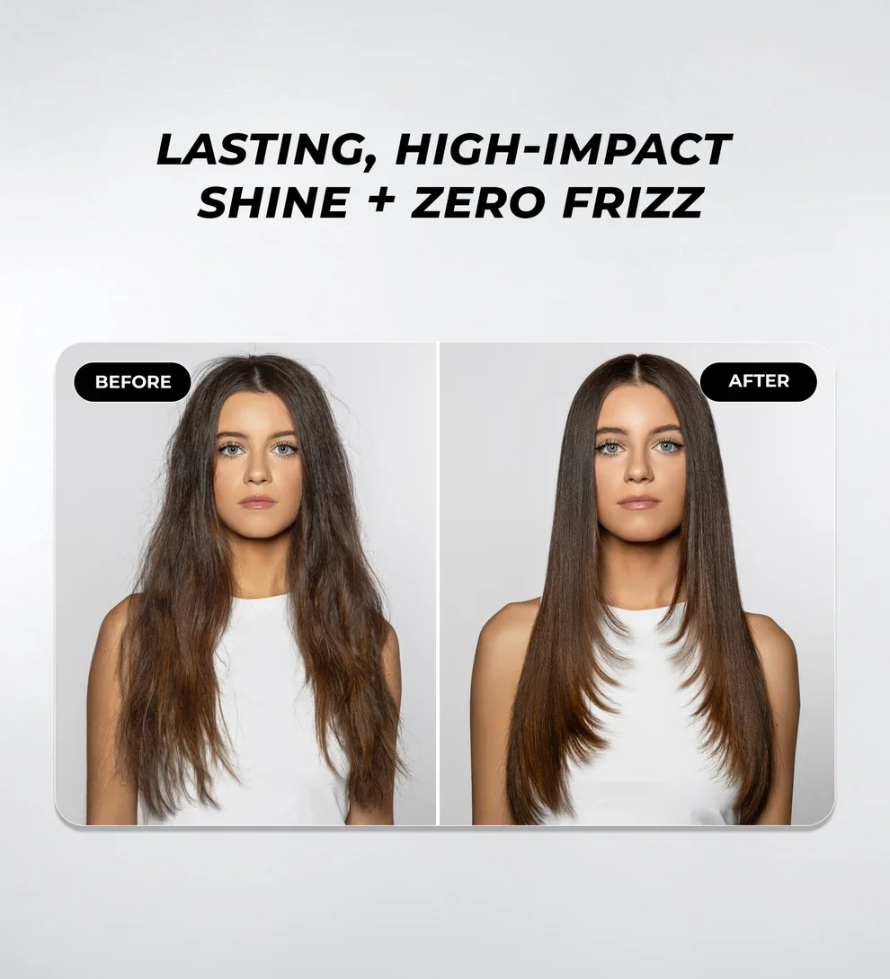 Before and after pictures of a woman with long brown hair, showing a hair treatment that provides lasting, high-impact shine with zero frizz.