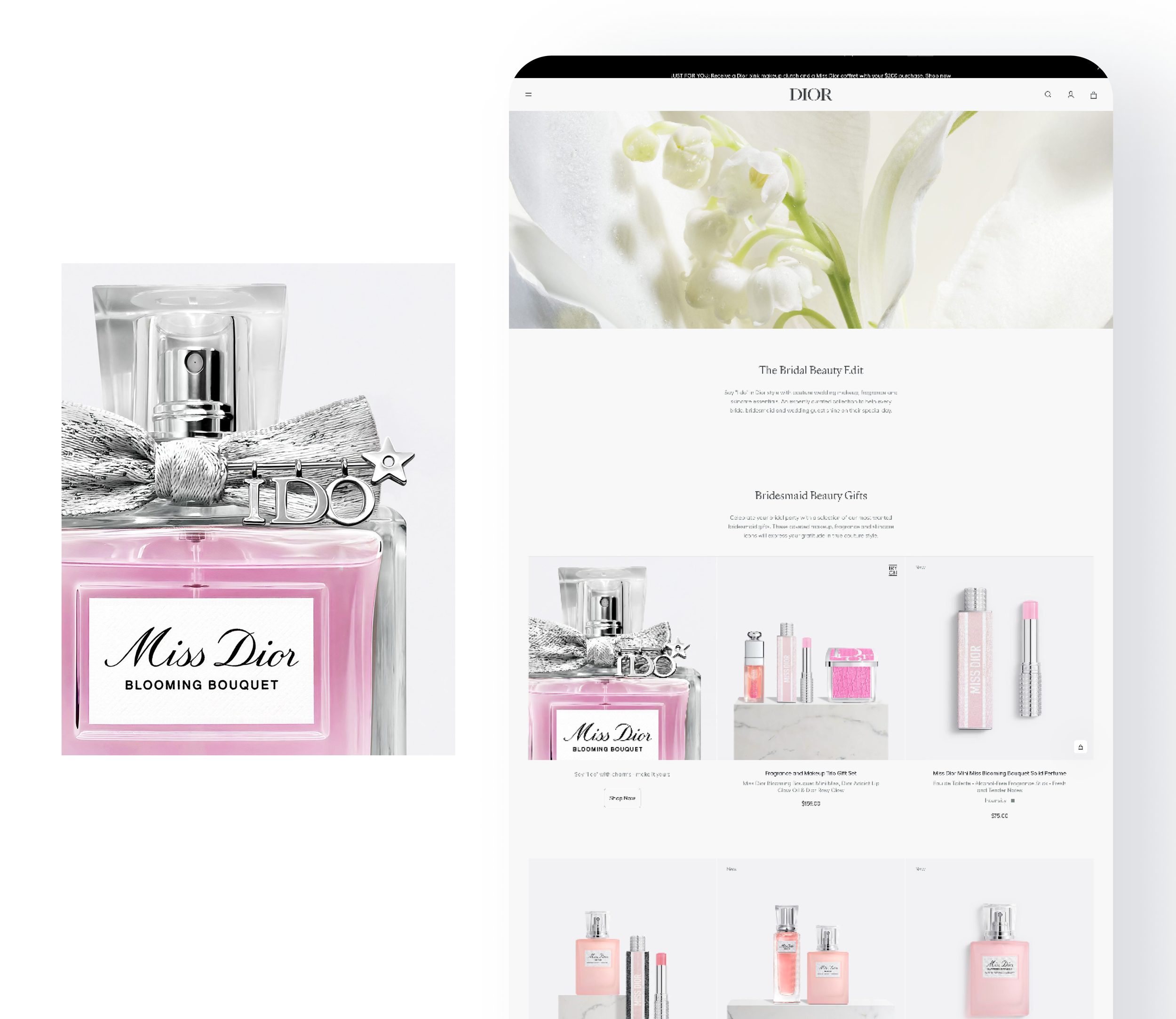 Overlay of multiple images showing Dior Miss Dior Blooming Bouquet perfume bottle, a close-up white flower, and various pink and white skincare or perfume products with text describing them.
