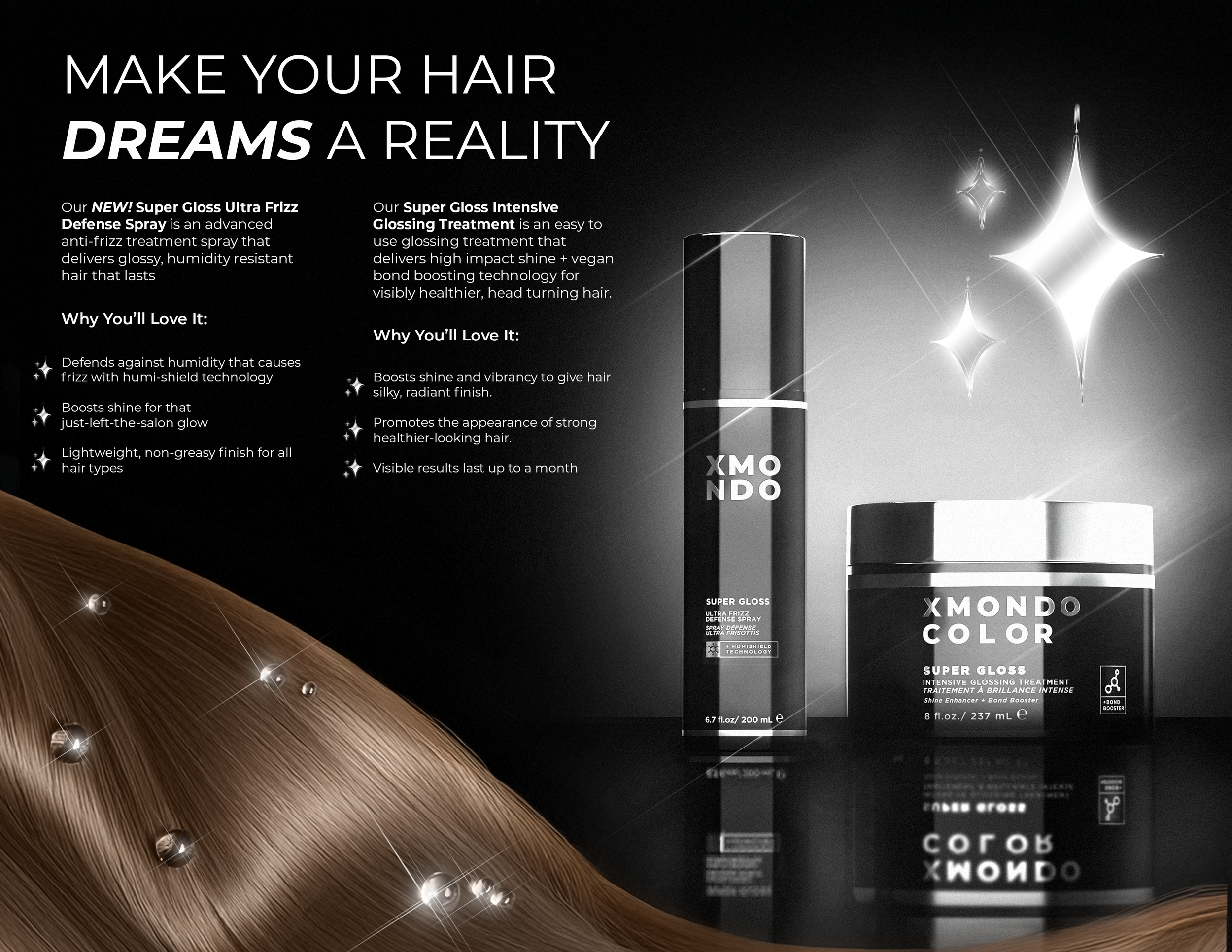 Advertisement for hair care products featuring two bottles, one labeled 'Super Gloss Ultra Frizz Defense Spray' and the other 'Super Gloss Intensive Glazing Treatment,' with text highlighting their benefits against humidity and shiny, healthy hair, alongside a background with black and brown gradient and sparkling effects.