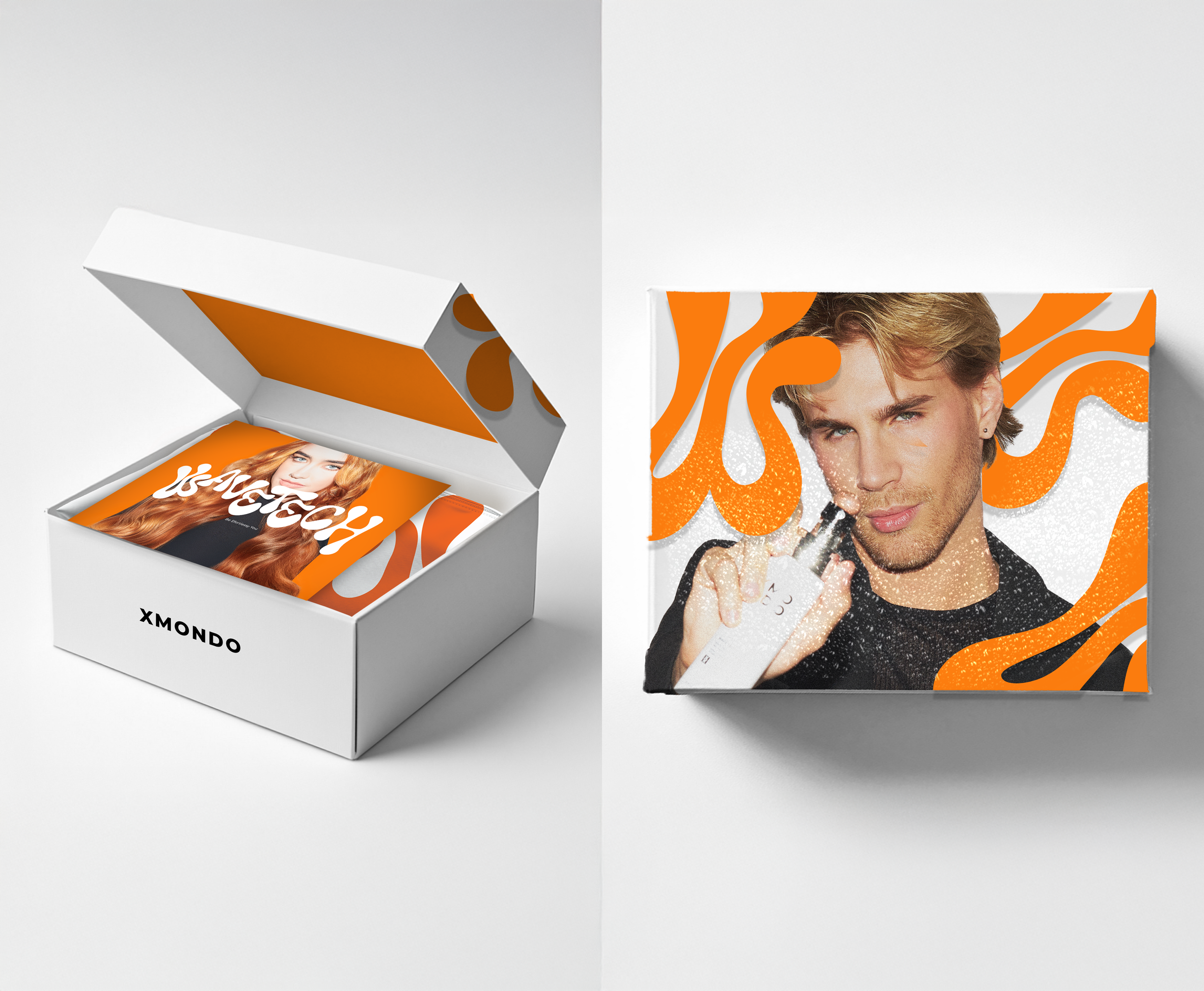 Open white box with orange interior and a fringed box insert showing a woman's face with long red hair.
