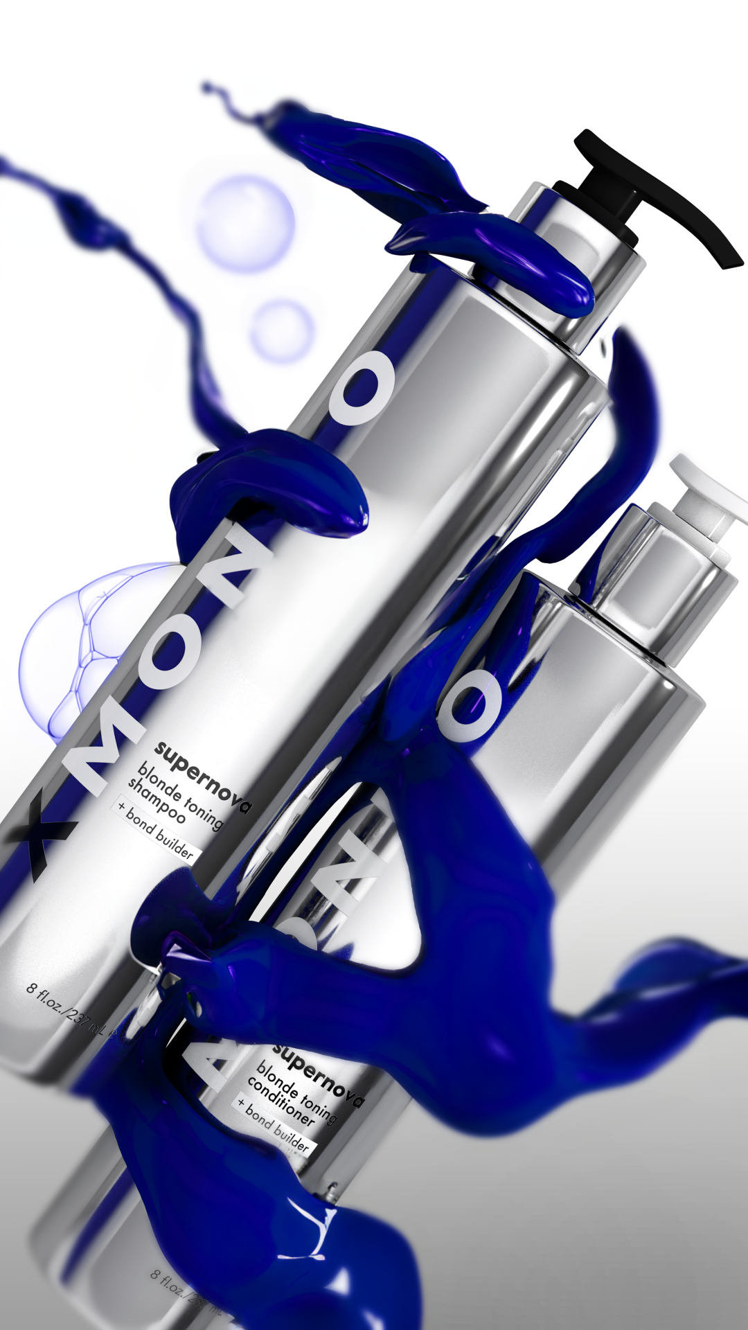 Two metallic bottles of hair care products, one labeled 'supernova blonde toning shampoo' and the other 'conditioner', surrounded by a dynamic swirl of blue liquid and floating bubbles.