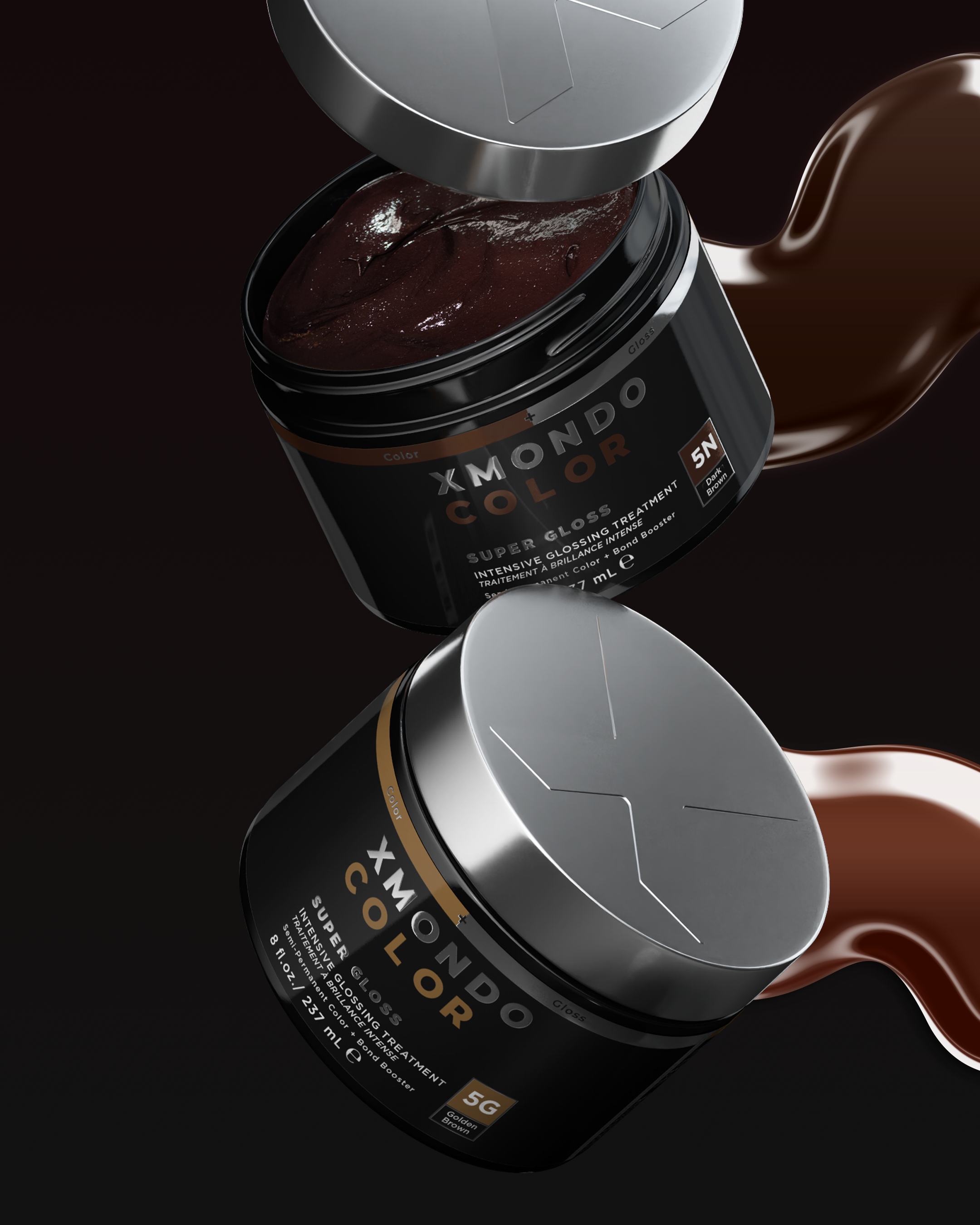 Open container of X-Mondo Color Super Gloss cream with dark brown color, with some smeared product and reflective surface, surrounded by metallic applicator and swatch of dark brown color.