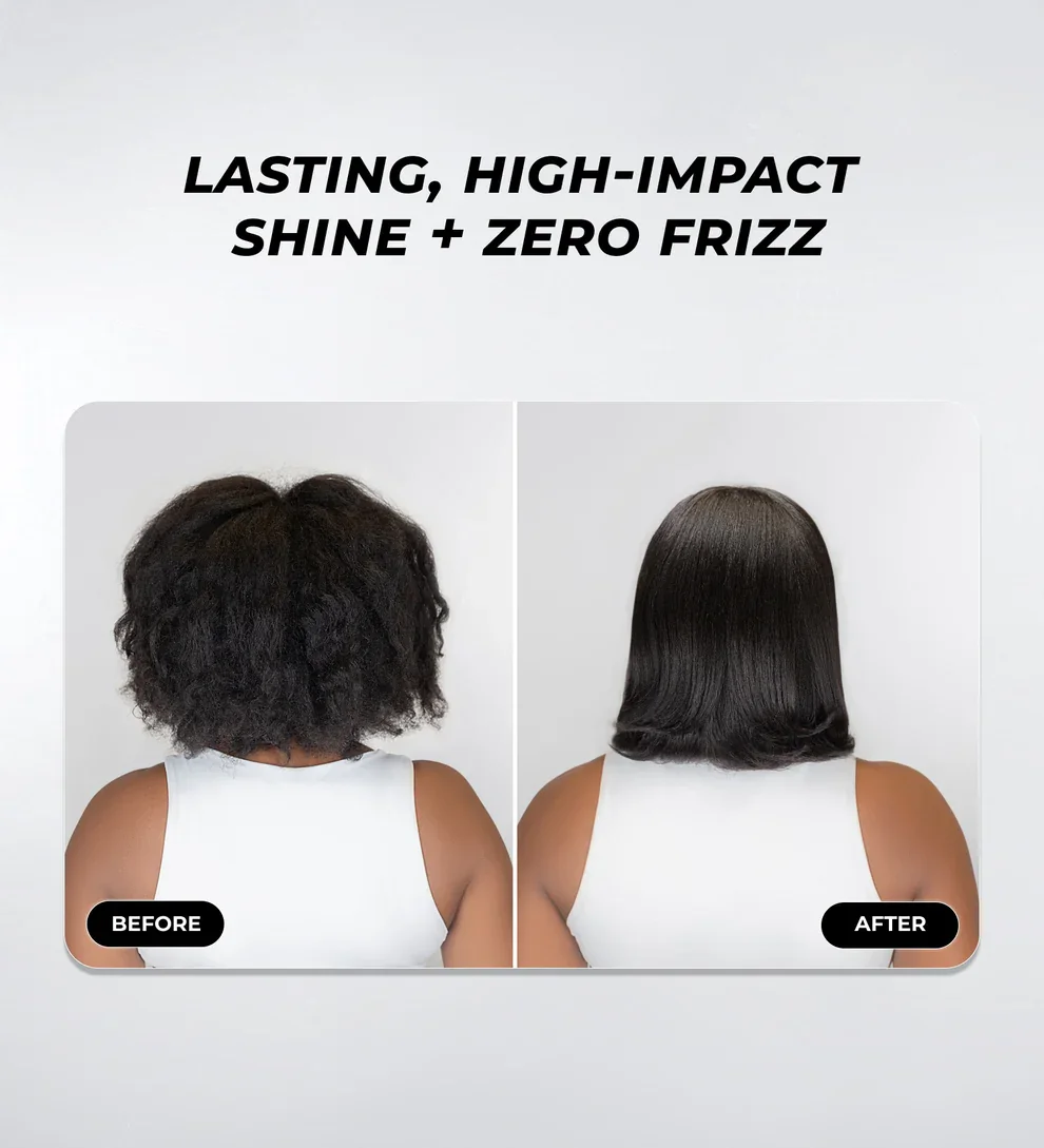 Side-by-side comparison of someone's hair before and after using a styling product. The left shows curly, frizzy hair, and the right shows straight, shiny hair with a sleek finish. The text above states, "Lasting, high-impact shine + zero frizz."