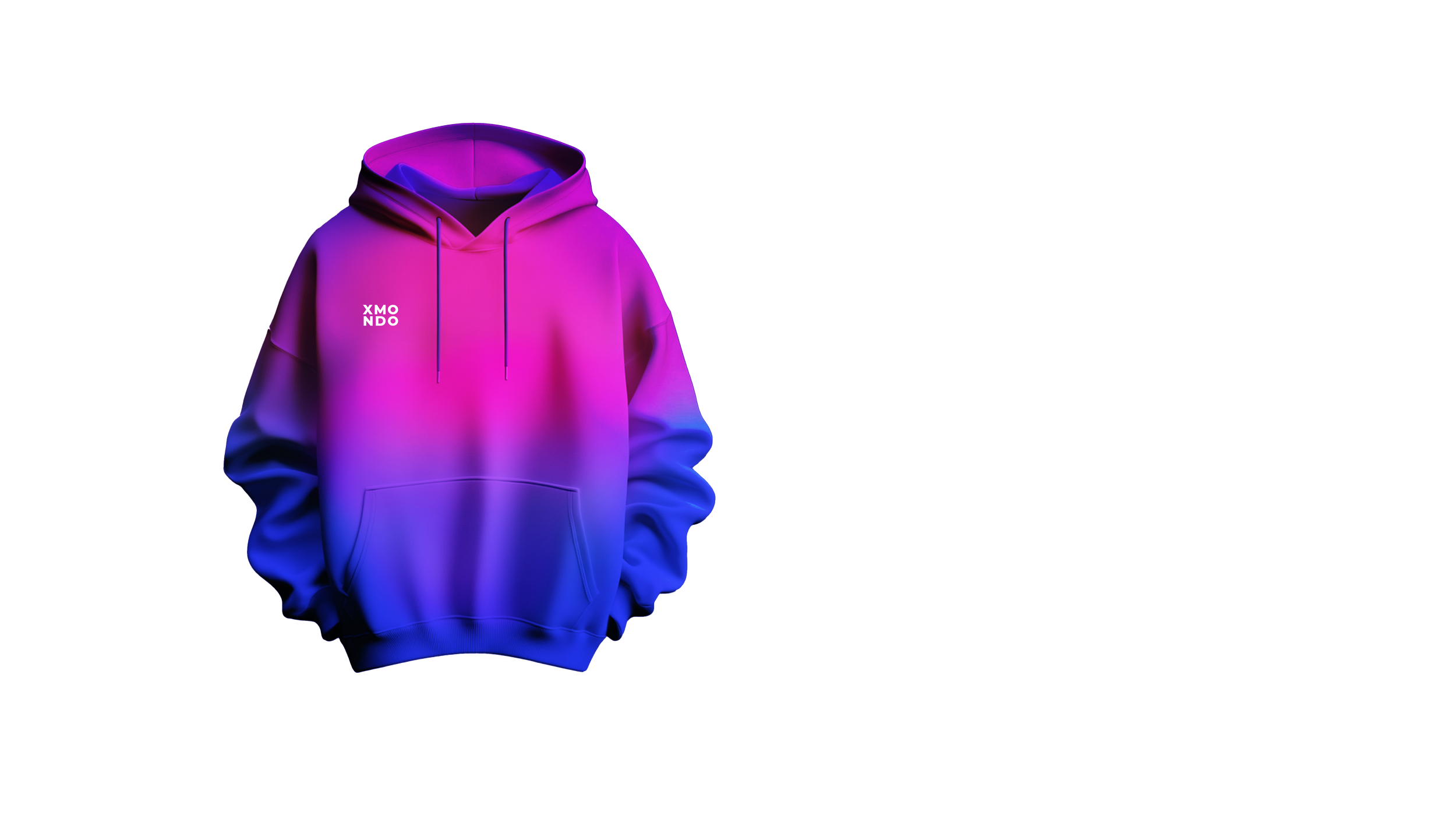 A tie-dye hoodie in purple, pink, and blue shades with the text 'XMO NDO' on the front.