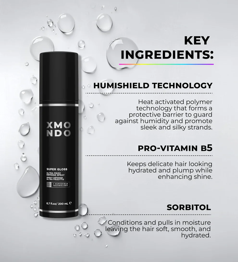 A black spray can labeled 'Xmondo Super Gloss' with water droplets around it, alongside text describing key ingredients and technology including Humishield Technology, Pro-Vitamin B5, and SORBITOL.