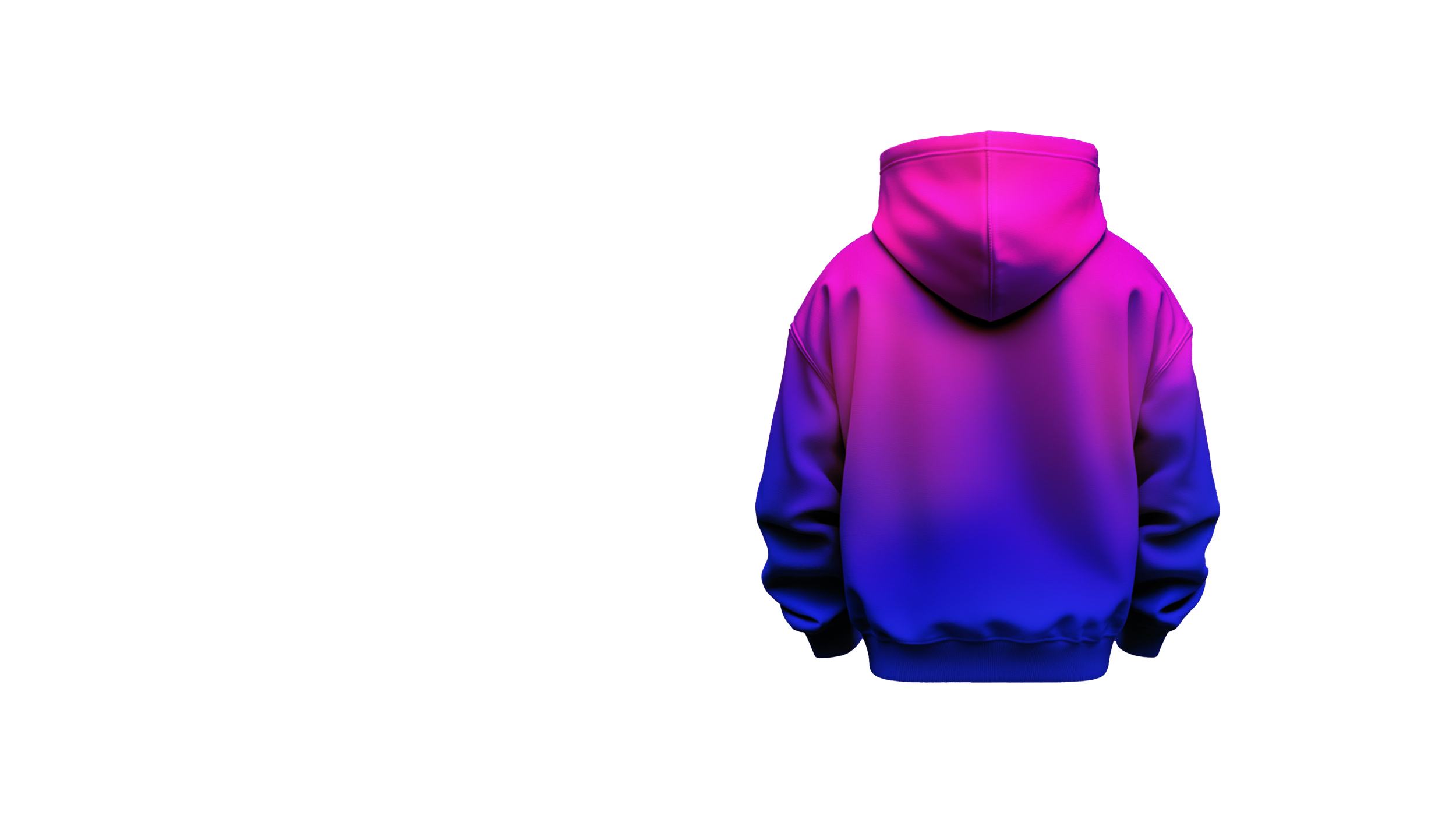 Back view of a person wearing a hoodie with a gradient color scheme from pink to purple to blue against a plain background.