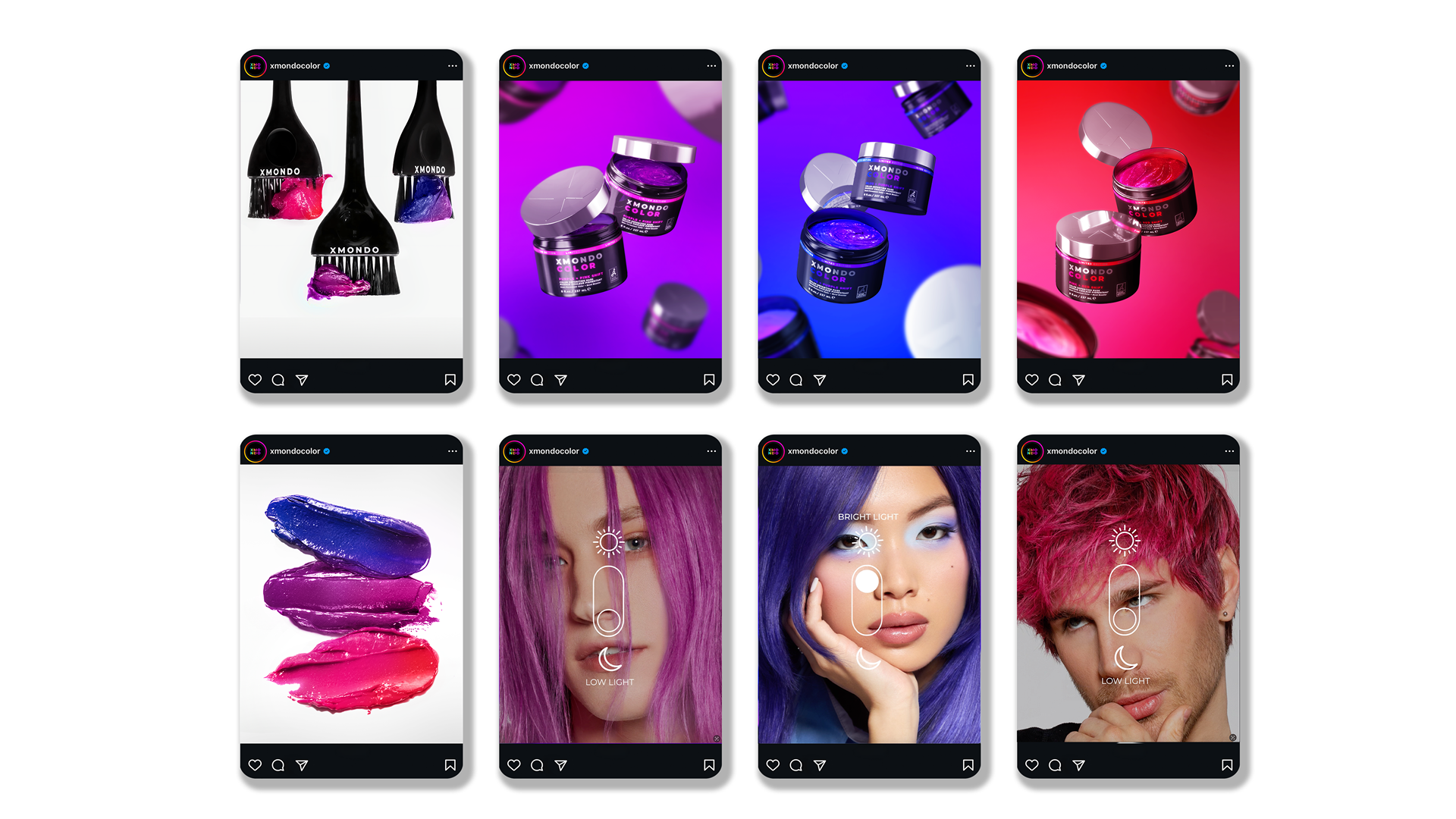 Collection of social media posts showcasing vibrant colored hair dye and hairstyles, with swatches of hair color, product jars, and models with purple, pink, and red hair.