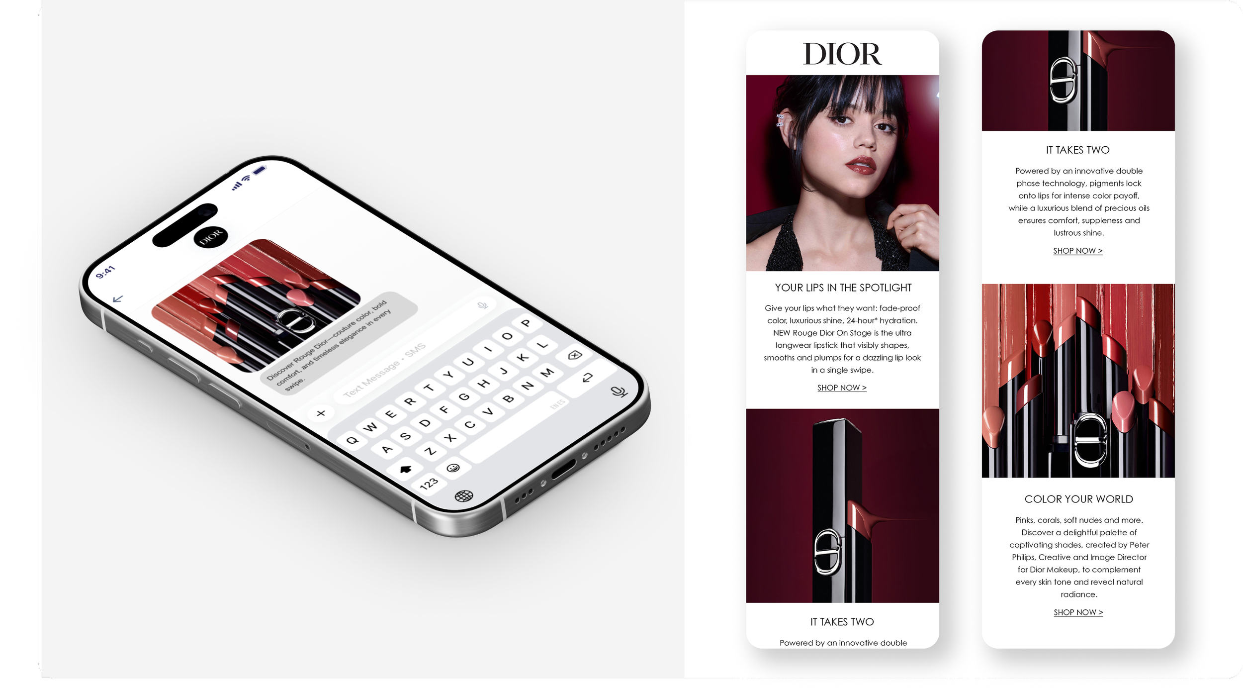 Digital marketing advertisement for Dior lipstick, featuring a woman with dark hair and makeup, along with close-up images of the lipstick product and descriptive text about its features and colors.