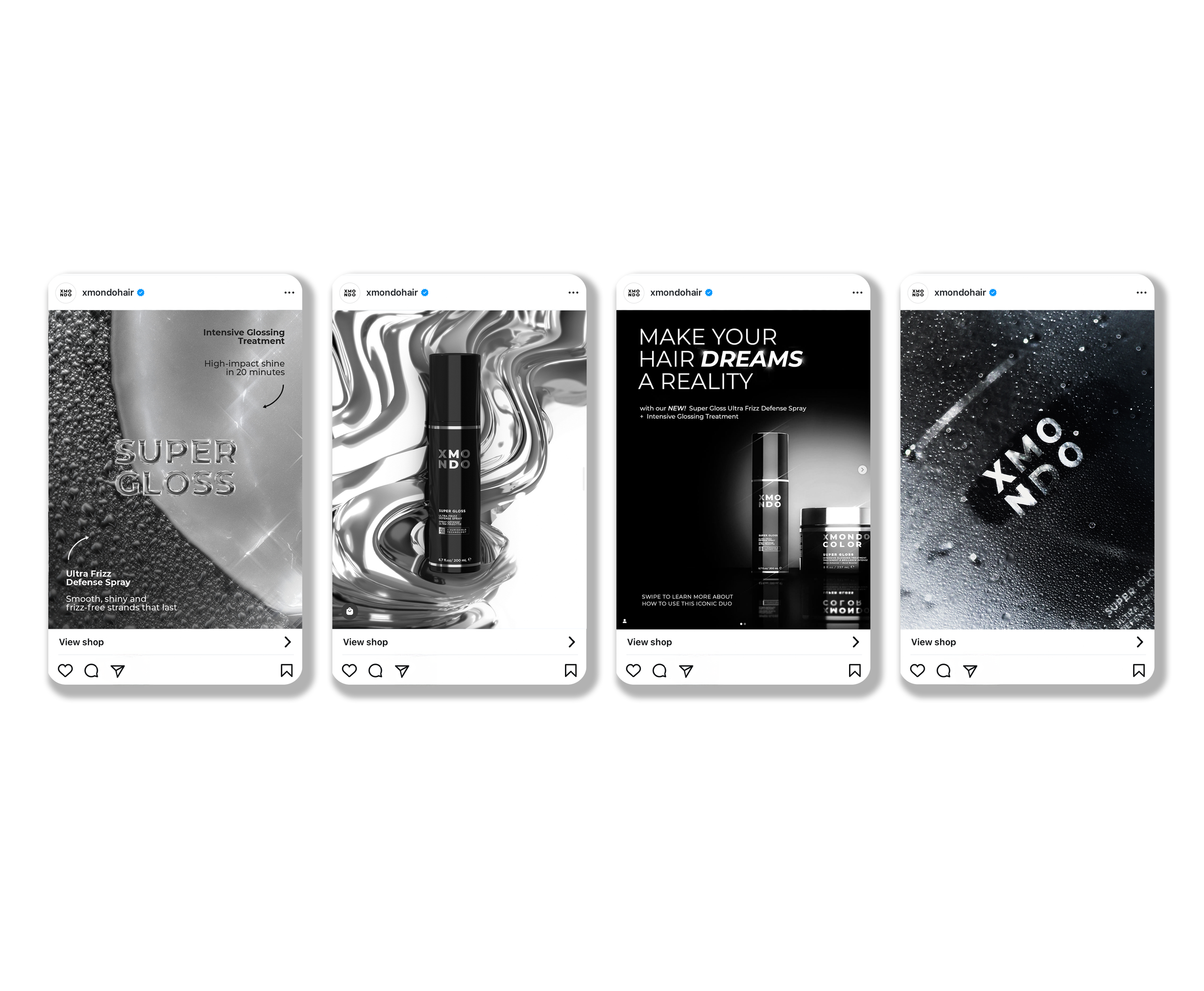 Four black-and-white social media advertisement images promoting hair gloss treatments, featuring close-up textures, product bottles, and bold text such as "Super Gloss" and "Make Your Hair Dreams A Reality".