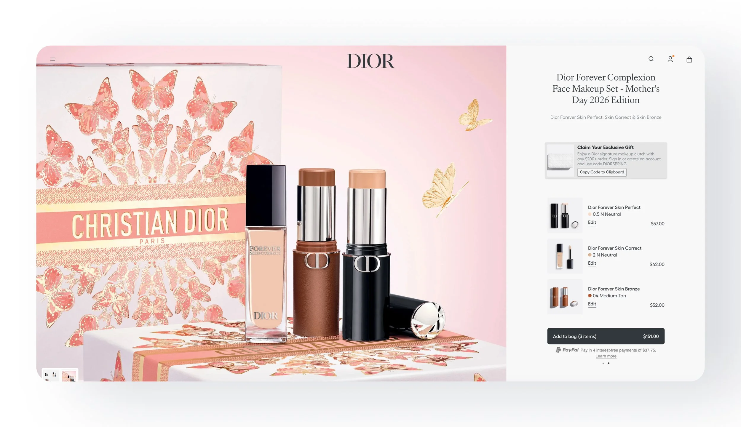 Online store webpage featuring Dior Forever Makeup Set with pink packaging decorated with butterfly illustrations, along with several makeup products including lipstick, foundation, and eyeshadow.