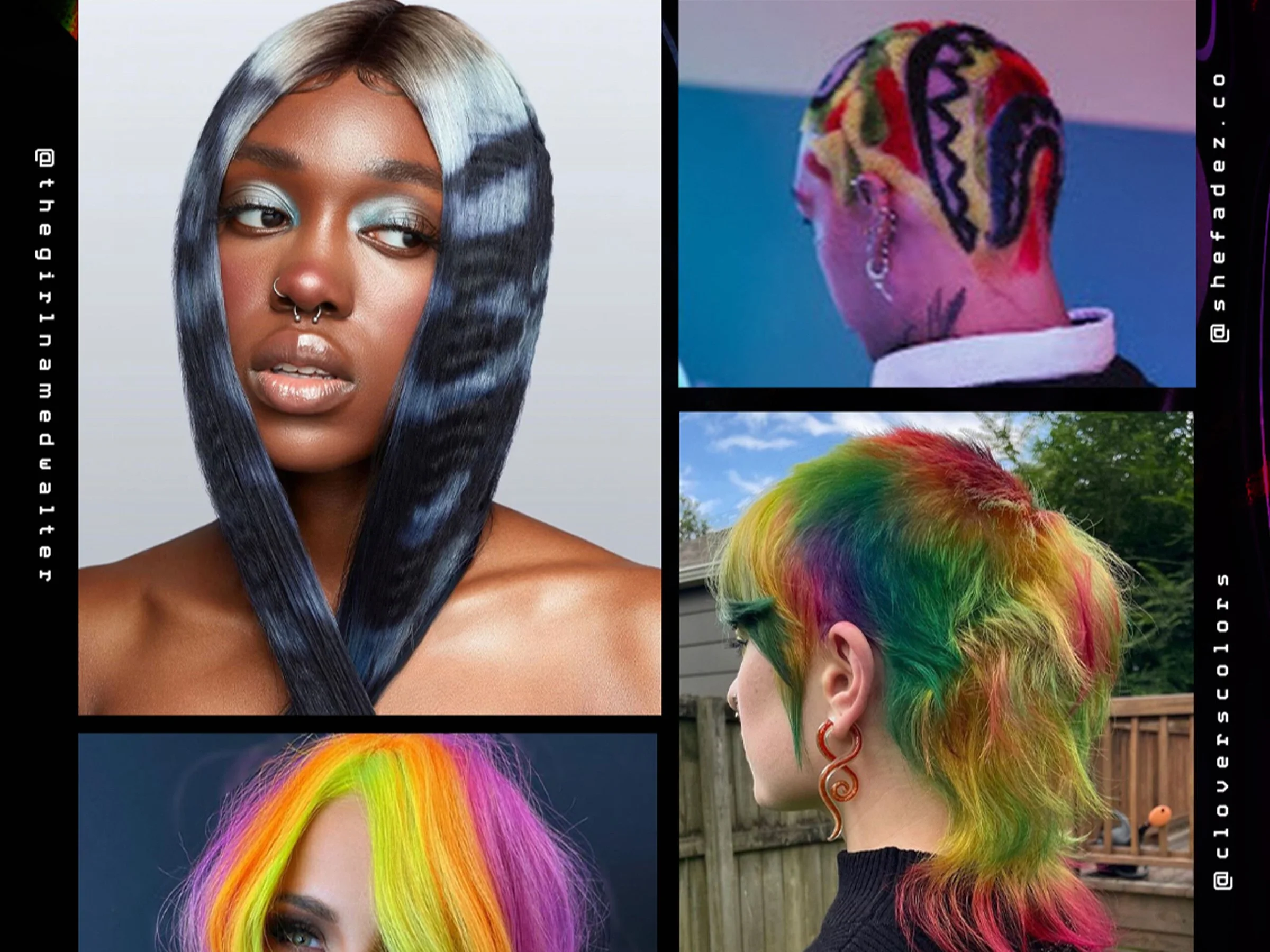 A collage of three images featuring women with colorful hair styles and accessories. The first woman has long, straight hair with black, silver, and blue streaks, blue eye makeup, and a nose piercing. The second woman has a short hairstyle with rainbow-colored hair. The third woman has hair with rainbow-colored streaks and large orange spiral earrings.