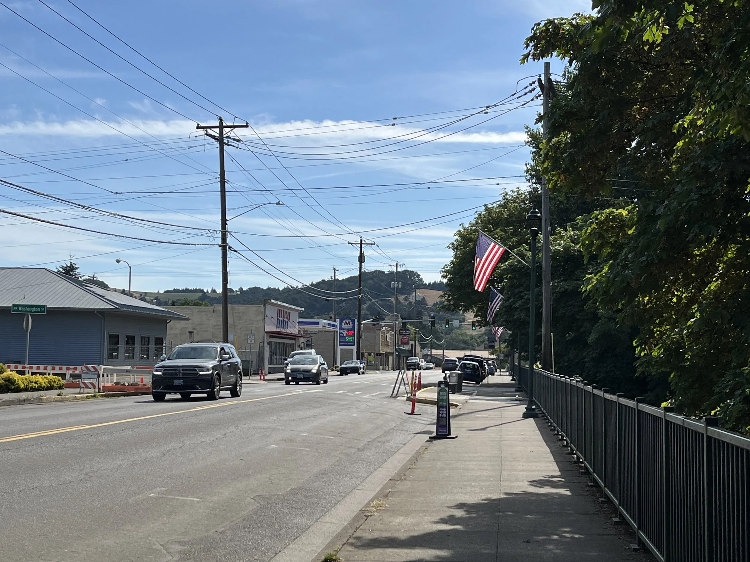 Street view with cars, businesses including a Metro, and American flags along a sidewalk with trees and utility poles against a blue sky.