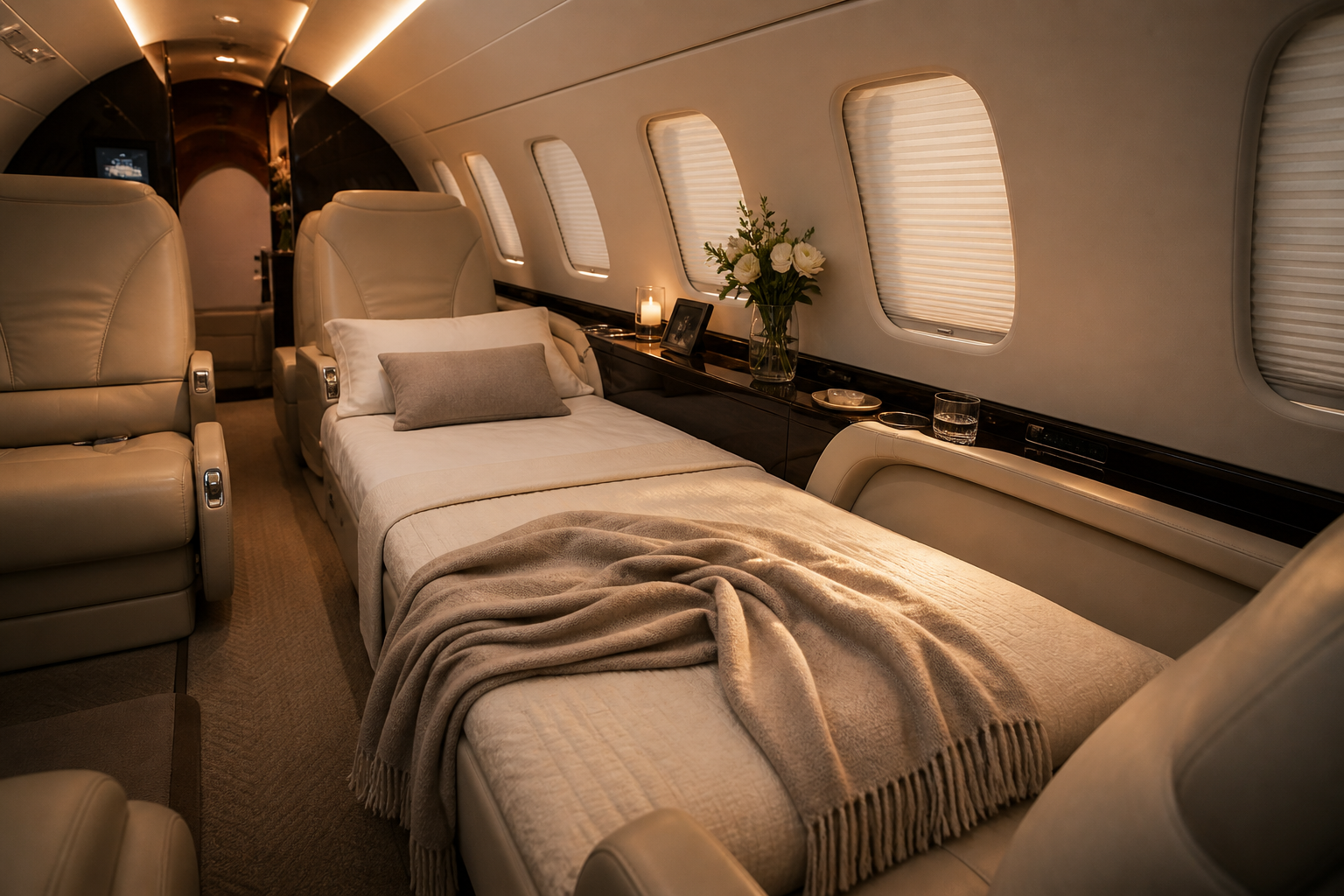 Private aviation cabin transformed with RestOps premium onboard bedding solution for international and transatlantic business jet travel.
