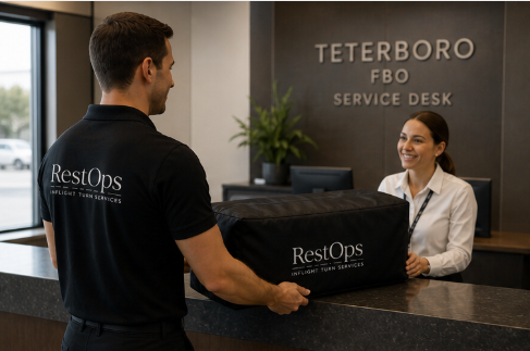 Premium inflight bedding delivery service coordinated through private aviation FBO operations by RestOps.