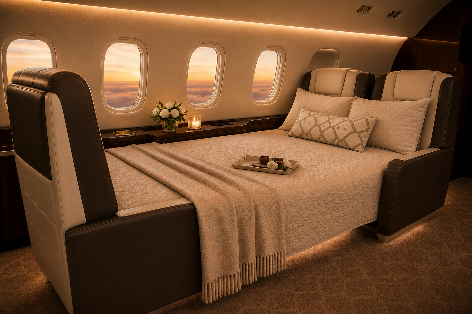 Private aviation cabin transformed with RestOps premium onboard bedding solution for international and transatlantic business jet travel.