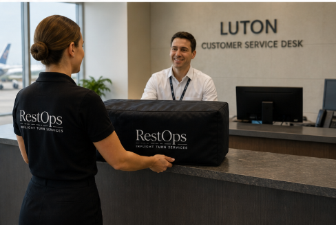 A woman in a black shirt with 'RestOps' on the back, handing a box labeled 'RestOps' to a smiling man behind a customer service desk at Luton Airport.RestOps inflight turn services providing luxury onboard rest solutions for private aviation operator