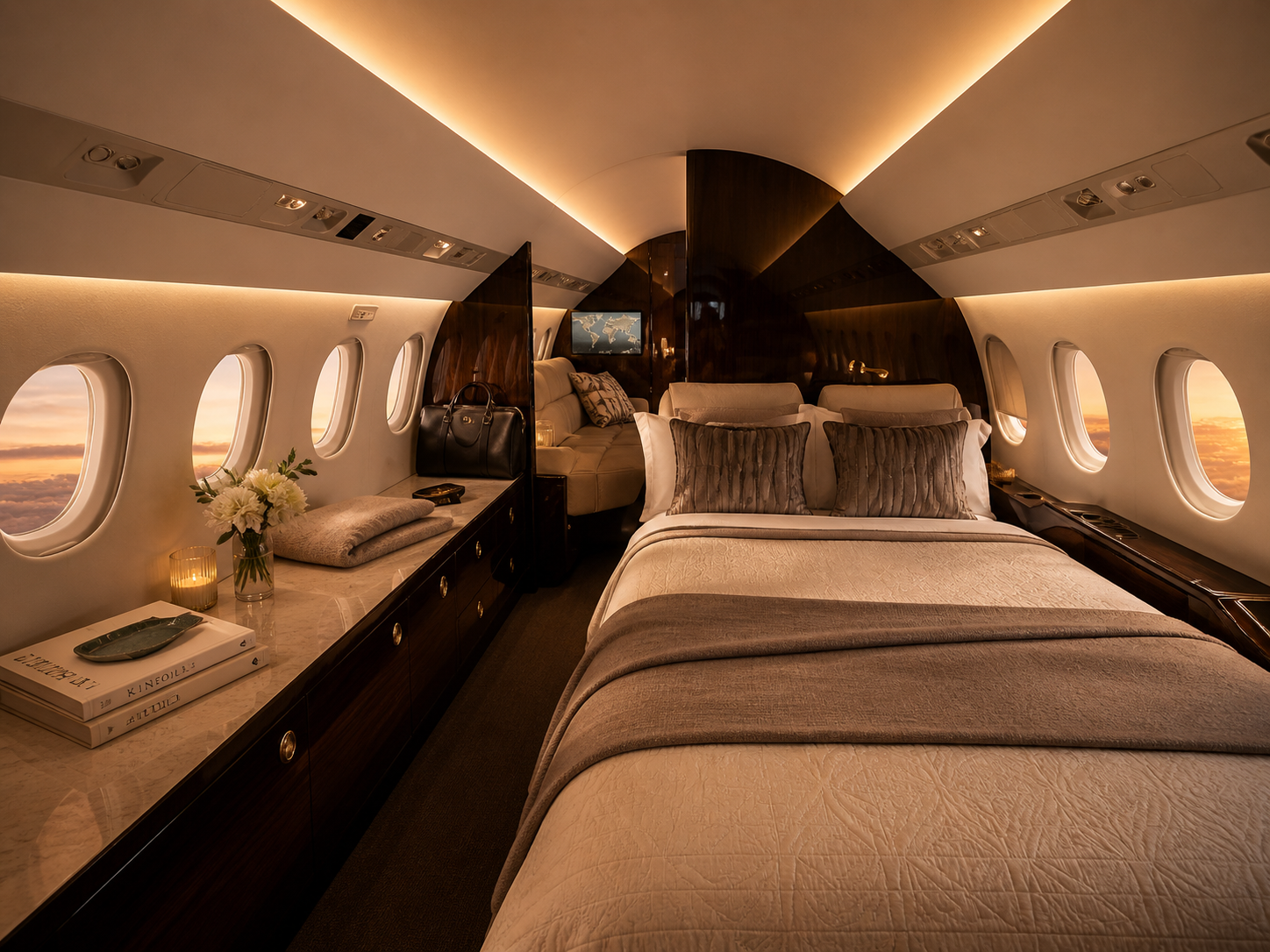 Luxury private jet cabin featuring premium inflight bedding setup by RestOps, designed for long-range business aviation passenger comfort and onboard sleep solutions.
