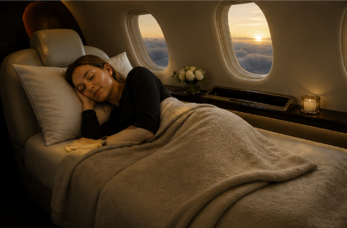 A woman sleeping on a bed inside an airplane cabin during sunset.Private aviation cabin transformed with RestOps premium onboard bedding solution for international and transatlantic business jet travel.